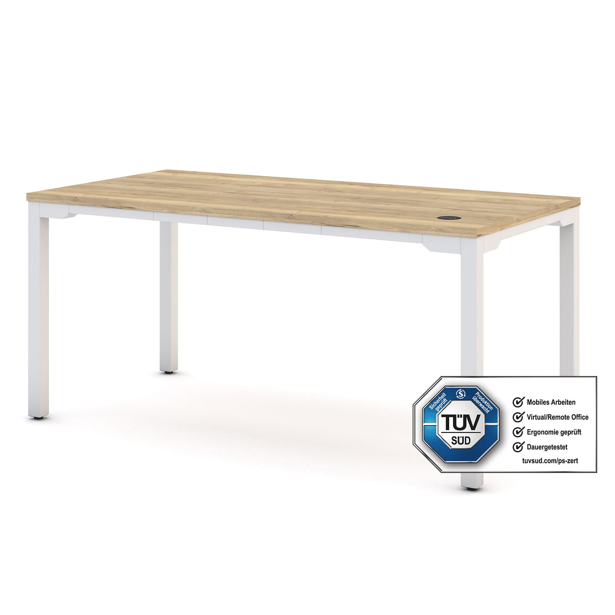 Rechteckiger Schreibtisch mit Holzplatte, weißen Beinen und TÜV SÜD Zertifizierung.