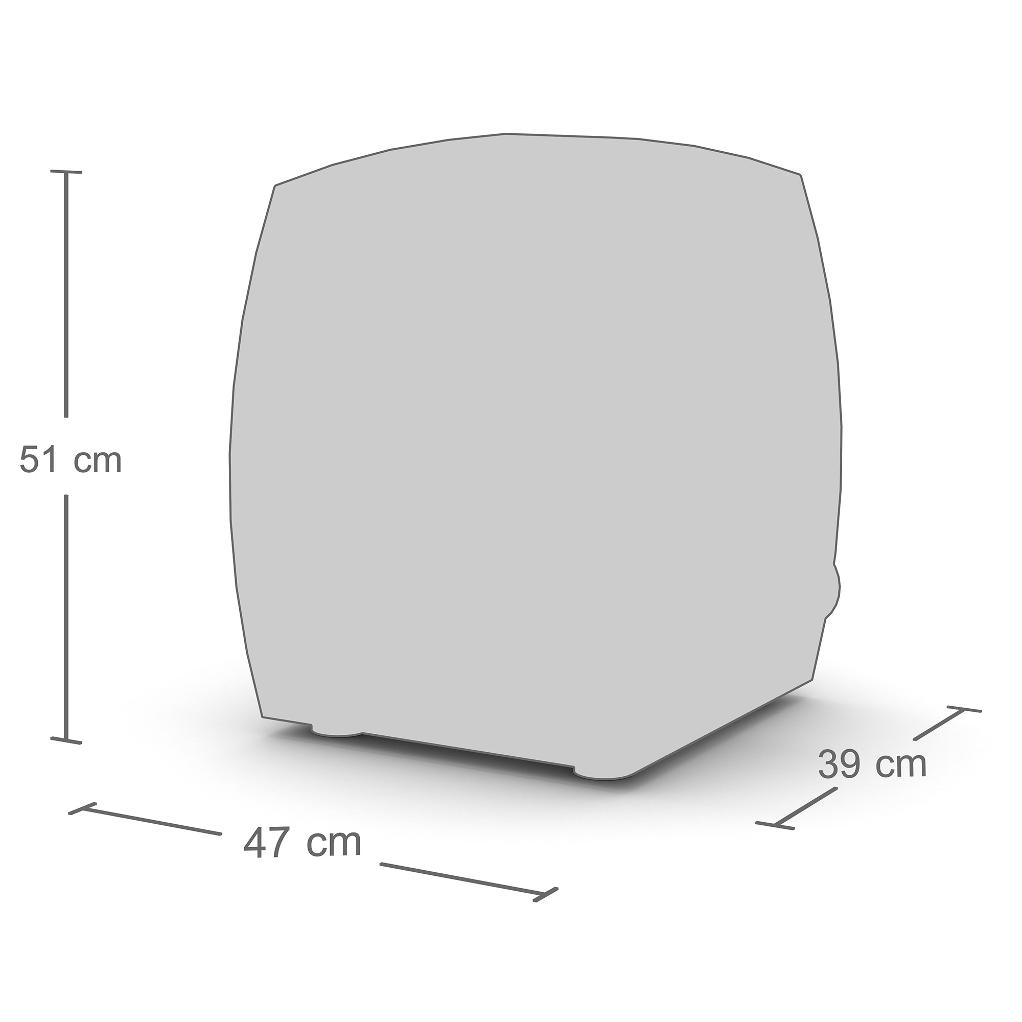Maßzeichnung eines rollbaren Hockers mit 51 cm Höhe und 47 x 39 cm Grundfläche