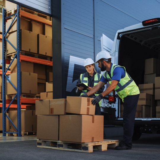 Zwei Lagerarbeiter in Warnwesten verladen Kartons von Palette in Transporter