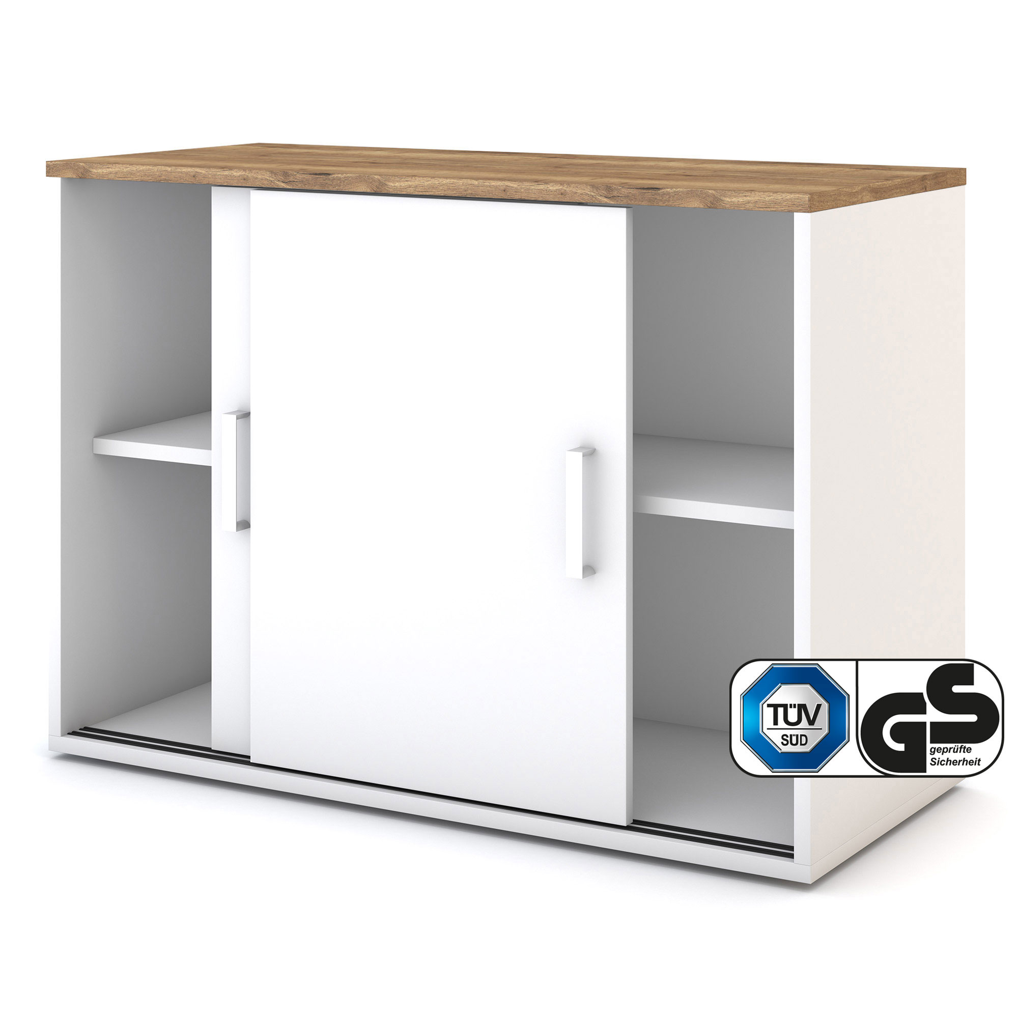 Weißer Büroschrank mit Schiebetüren, Holzdeckplatte und TÜV/GS-Zertifizierung.
