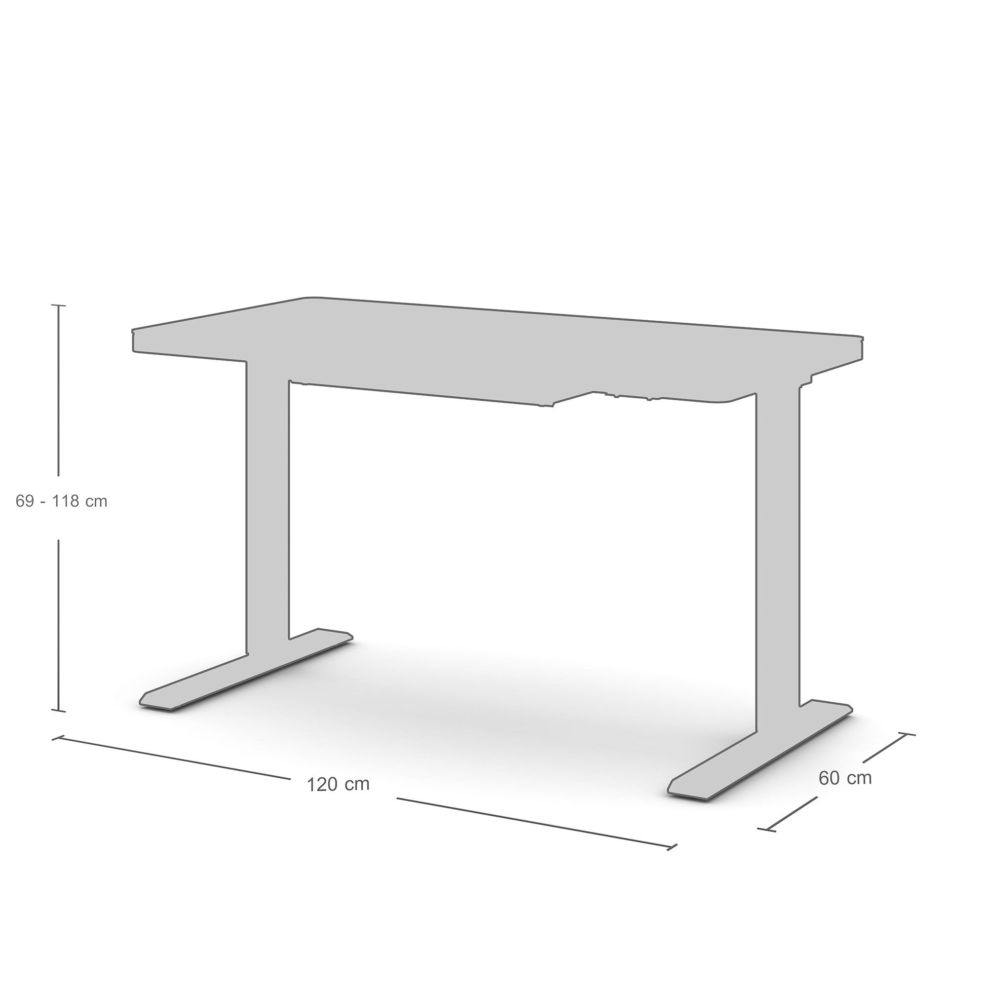 Ein grauer Tisch mit den Maßen 120 cm x 60 cm und einer höhenverstellbaren Höhe von 69 bis 118 cm.