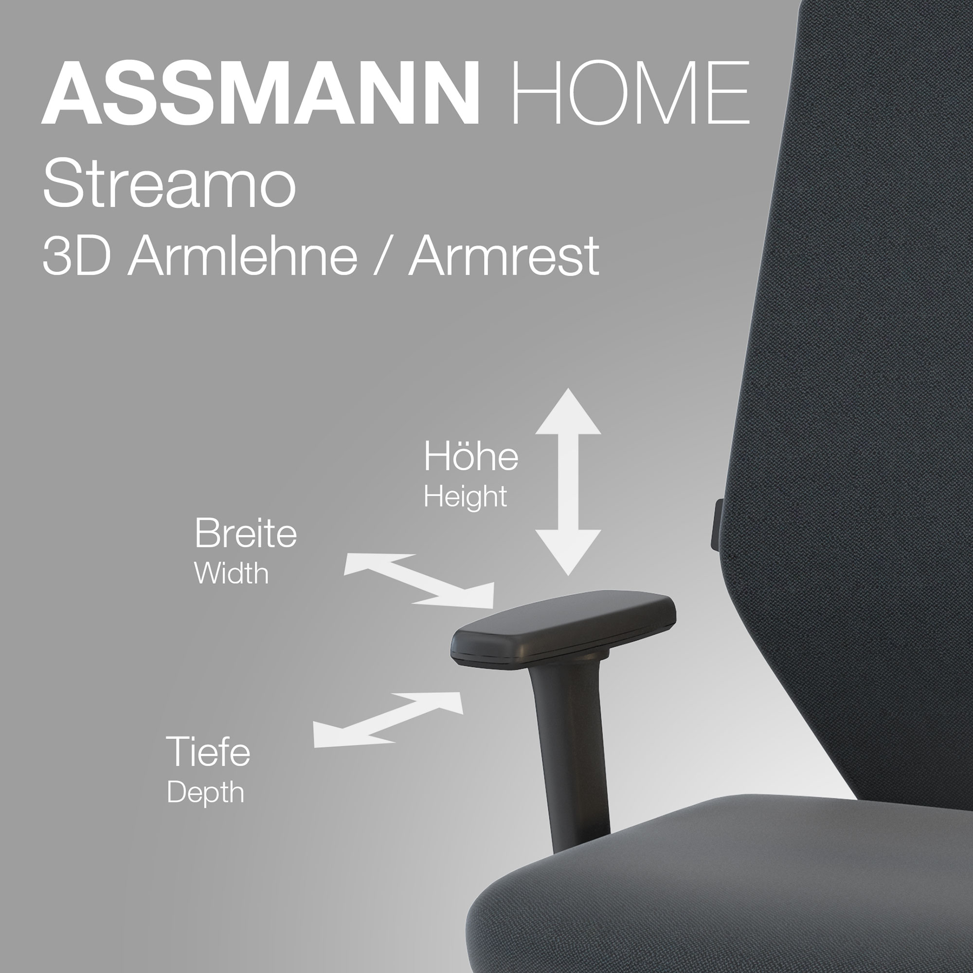 Ein Stuhl von ASSMANN HOME mit 3D-Armlehnen. Beschriftungen zeigen Breite, Höhe und Tiefe der Armlehne.