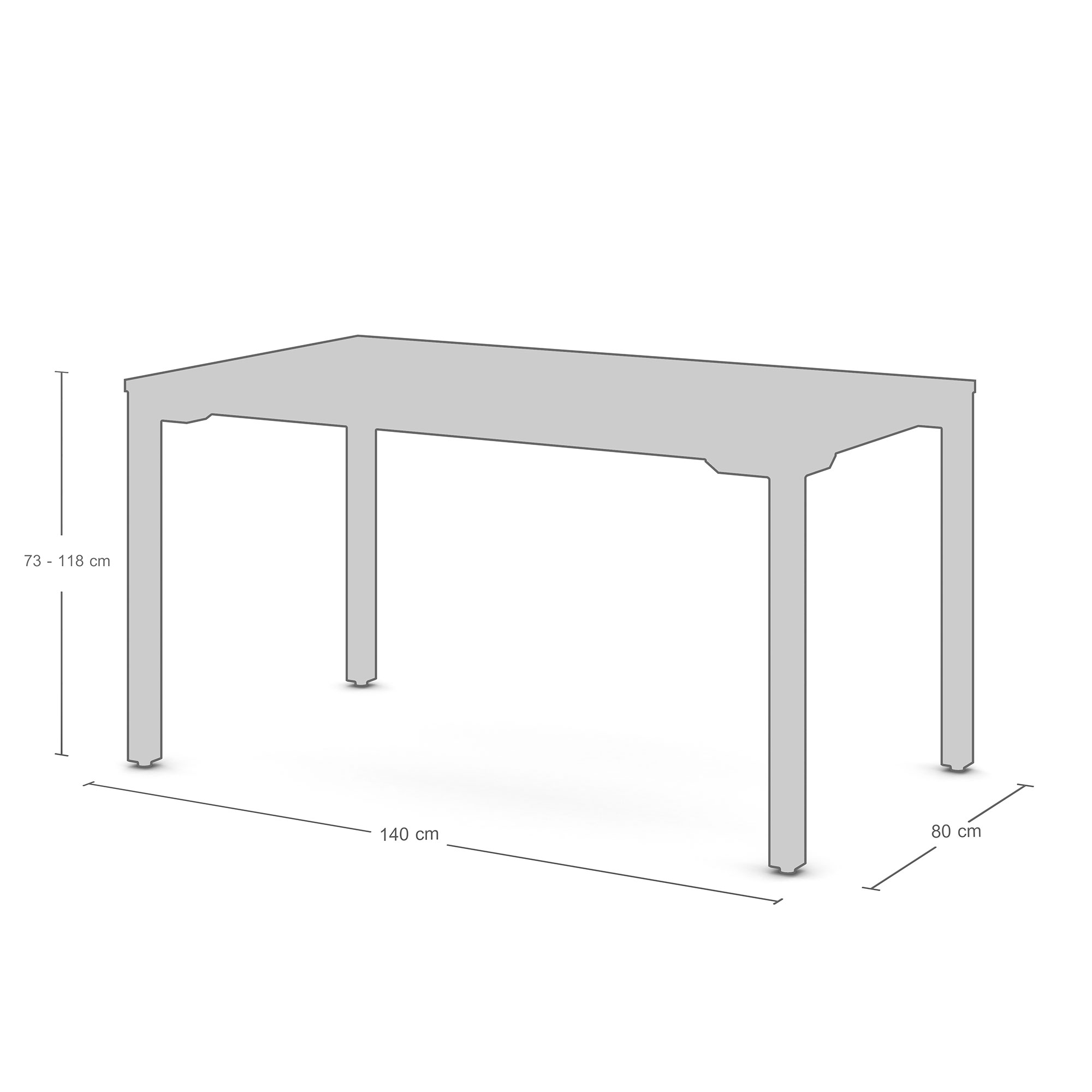 Maßgrafik eines höhenverstellbaren Tisches mit 140x80 cm Fläche und 73–118 cm Höhe