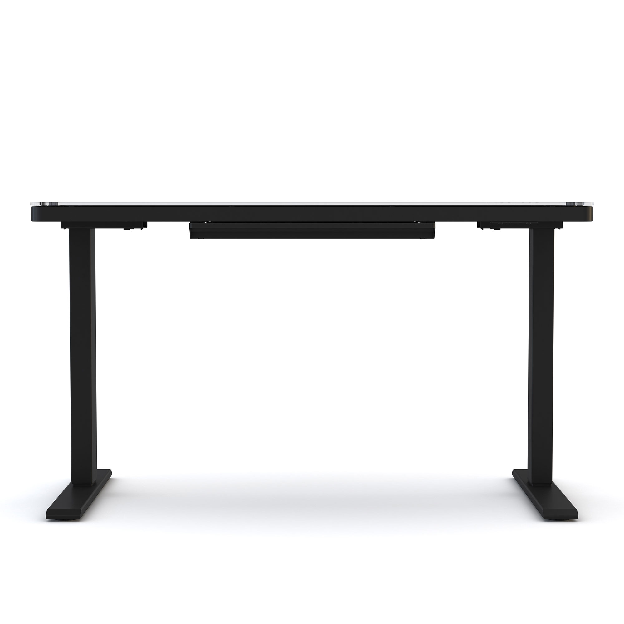 Schreibtisch mit schwarzem Gestell und Tischplatte, minimalistische Frontansicht