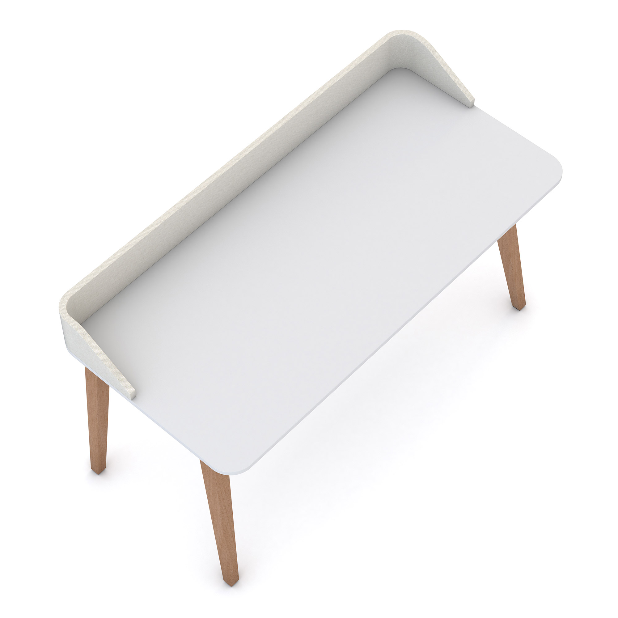 Minimalistischer Schreibtisch mit weißer Platte und Rückwand aus Filz