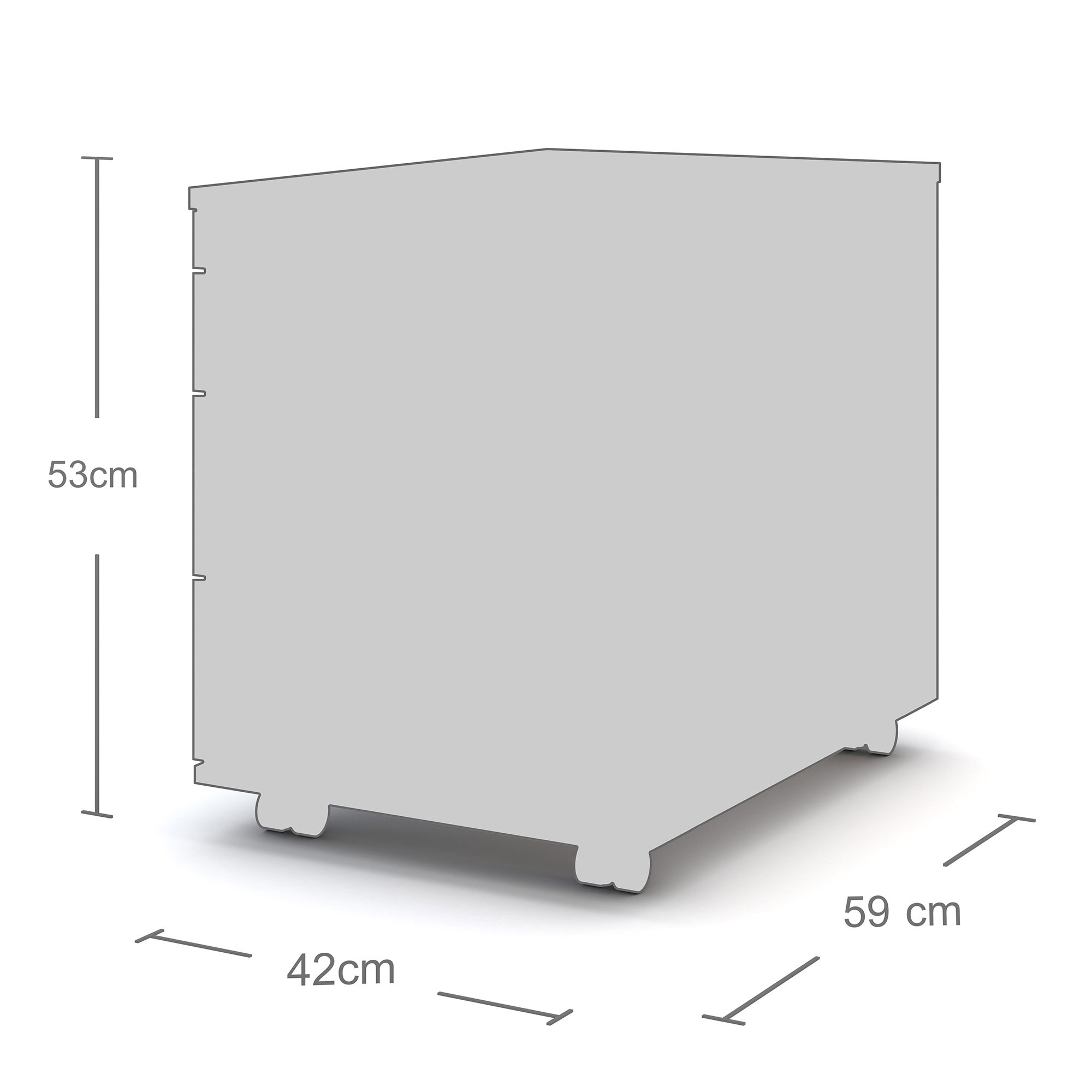 Eine graue Kiste mit den Abmessungen 53 cm (Höhe), 42 cm (Breite) und 59 cm (Länge).