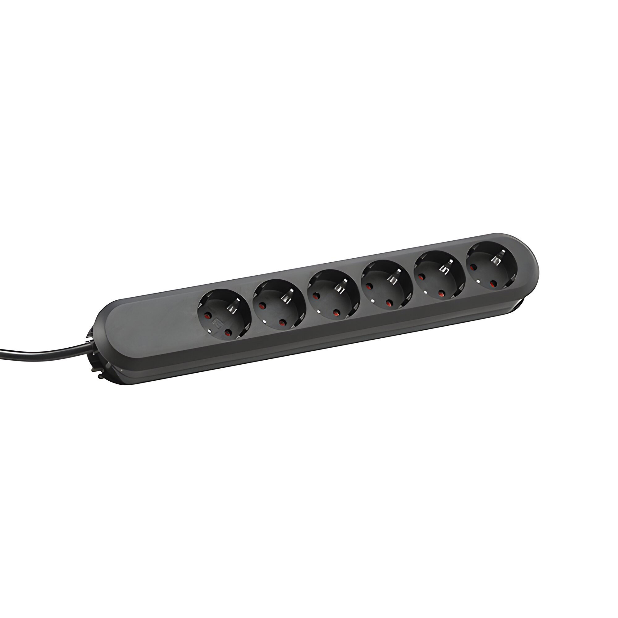Schwarze 6-fach Steckdosenleiste mit Kabel und Schukostecker