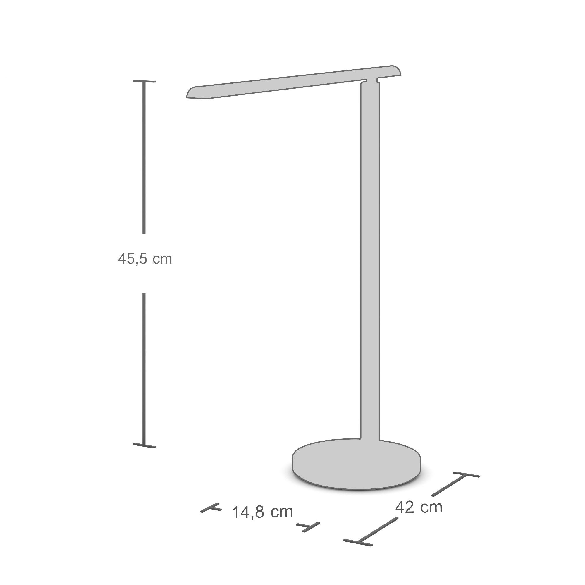 Stehlampe mit Abmessungen: Höhe 45,5 cm, Basisdurchmesser 14,8 cm, Breite 42 cm.