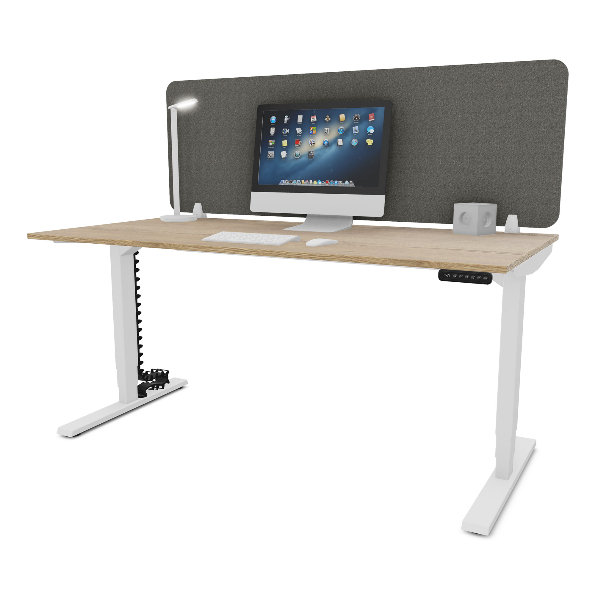 Elektrisch höhenverstellbarer Schreibtisch mit weißem Gestell, Holzplatte und Sichtschutz für ergonomisches Arbeiten