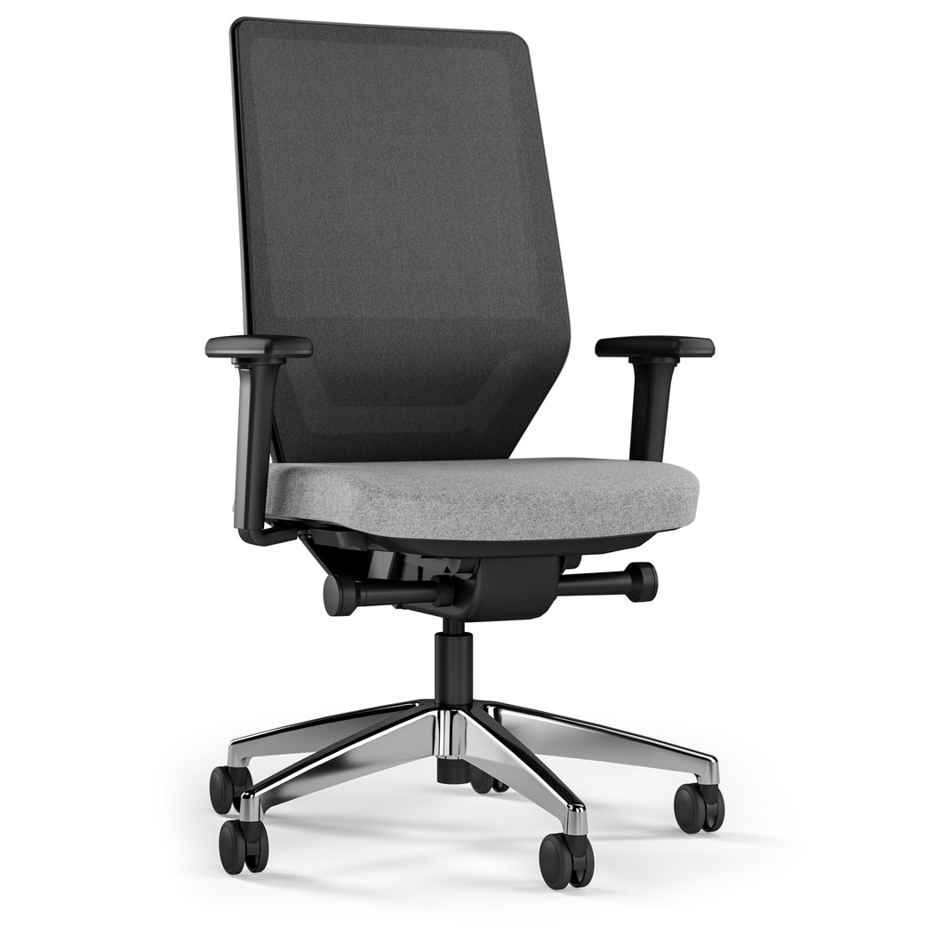 Moderner Bürostuhl mit schwarzer Rückenlehne und grauer Sitzfläche auf Rollen.