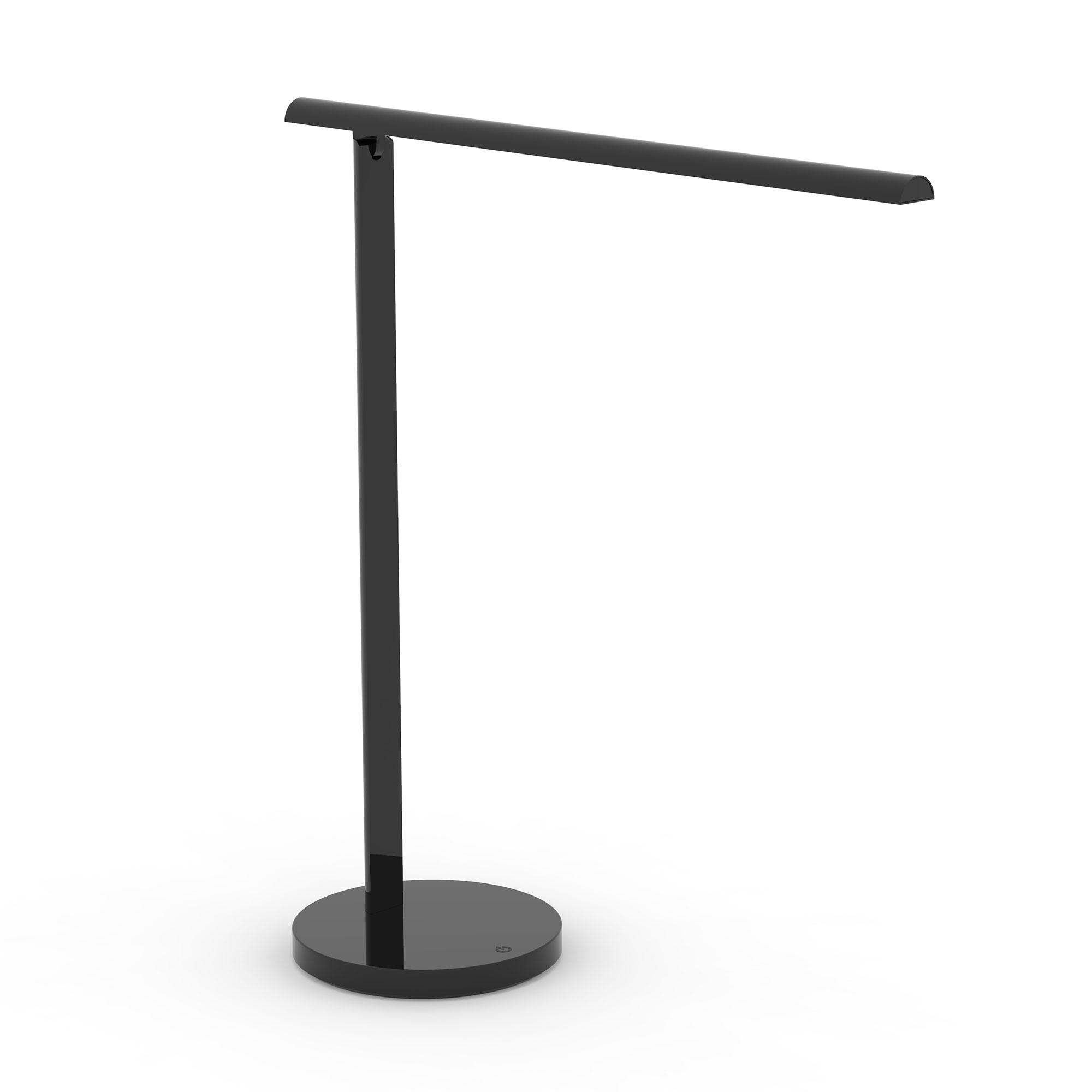 Eine schlichte, schwarze Tischlampe mit einem runden Fuß und einem flachen Lampenschirm.