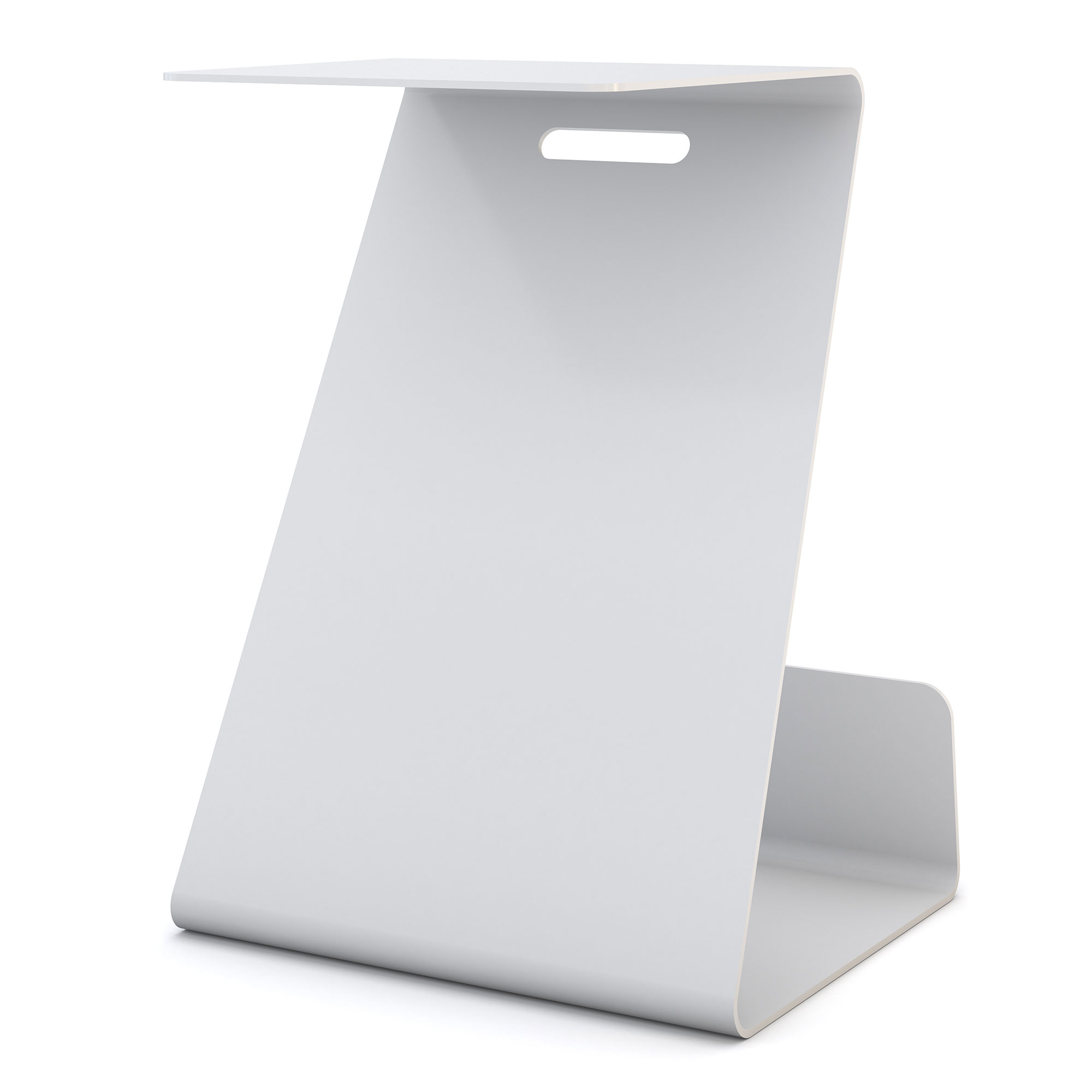 Ein modernes, minimalistisches Beistelltisch aus Weißem Material mit einer geschwungenen Form.