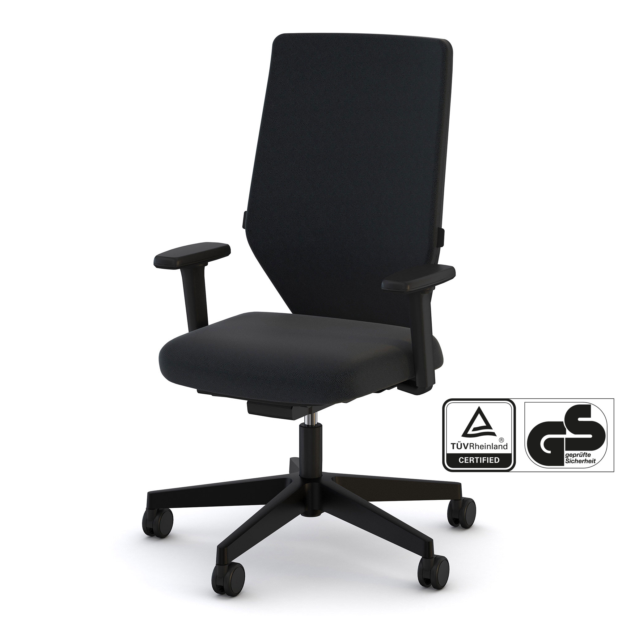 Ergonomischer schwarzer Bürostuhl mit Armlehnen, TÜV Rheinland zertifiziert.