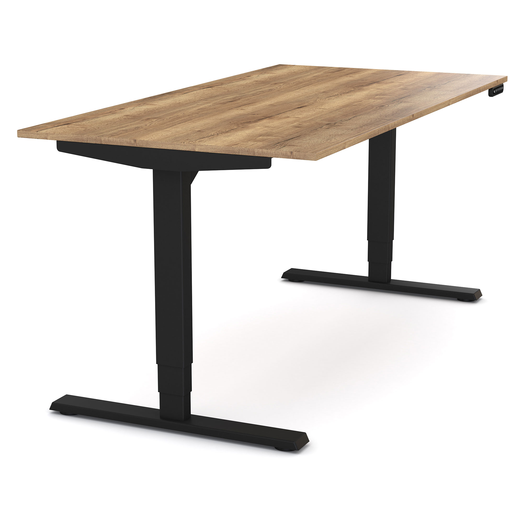Höhenverstellbarer Schreibtisch mit schwarzem Gestell und Holzplatte in Eichenoptik