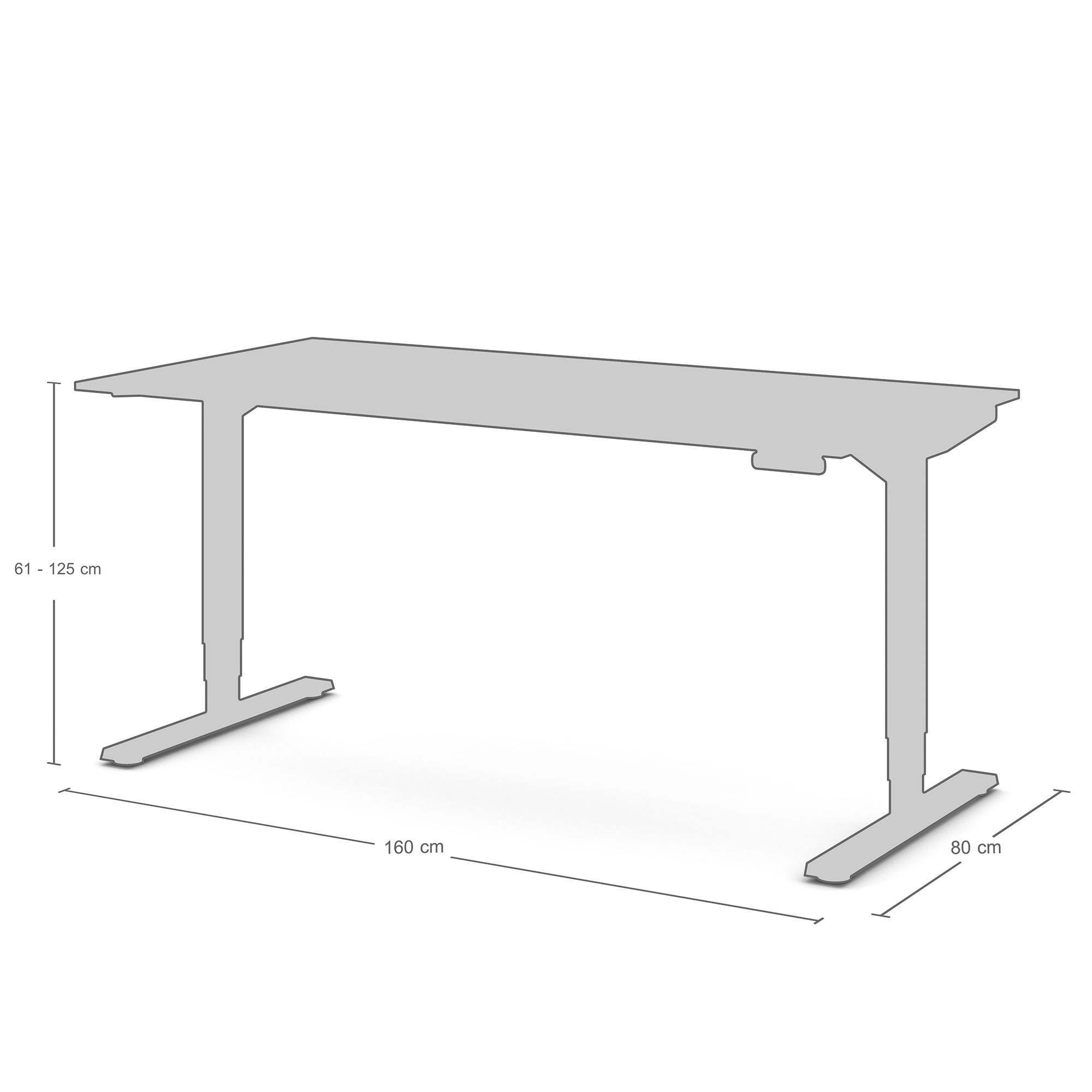 Technische Zeichnung des elektrisch höhenverstellbaren Schreibtischs Modell ‘Y-Line’ von ASSMANN mit rechteckiger Tischplatte (Maß 160 cm Breite × 80 cm Tiefe); Höhenverstellbereich ca. 61 cm bis 125 cm; Darstellung in Grautönen mit Maßlinien.