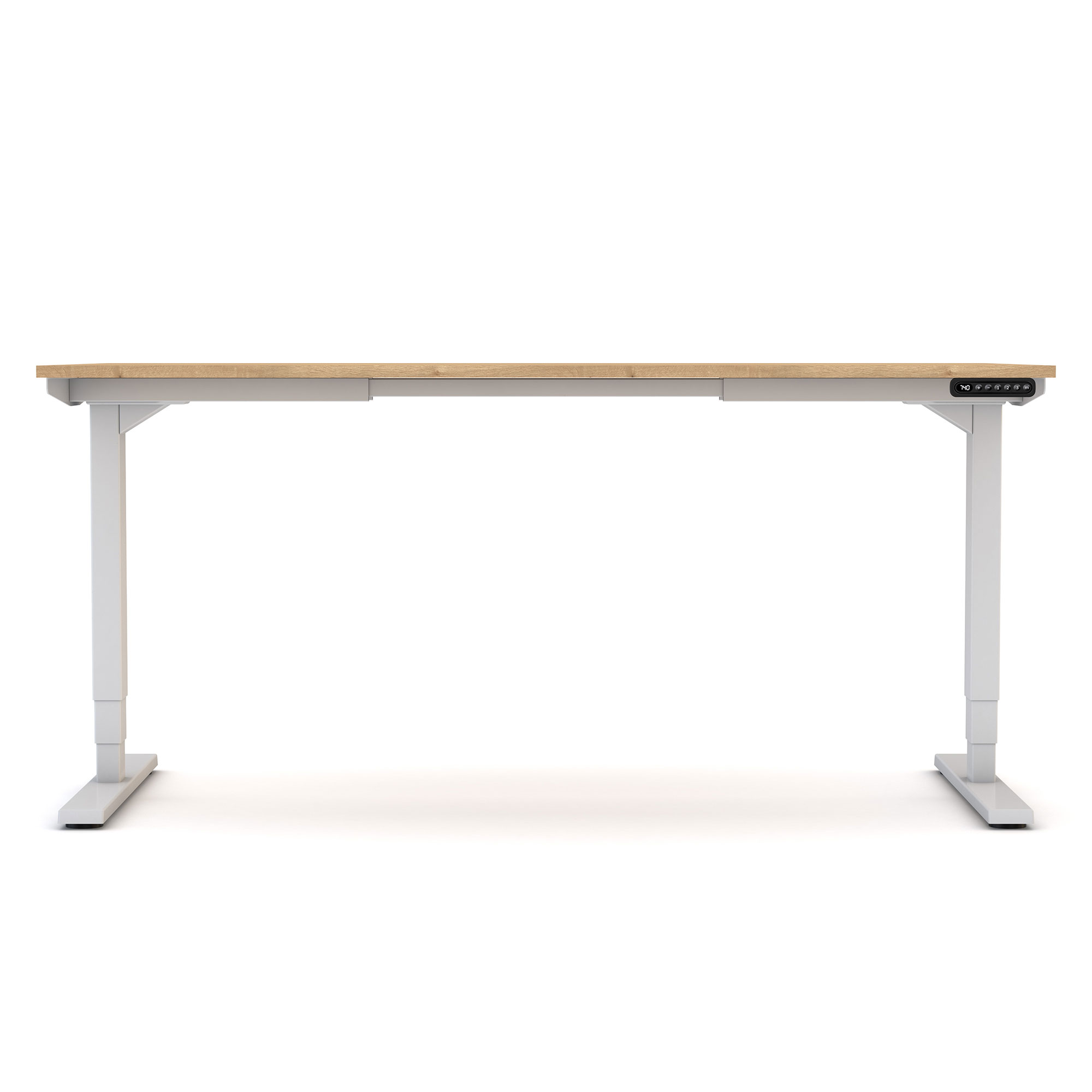 Höhenverstellbarer Schreibtisch mit weißem Gestell und heller Holzplatte in Frontalansicht