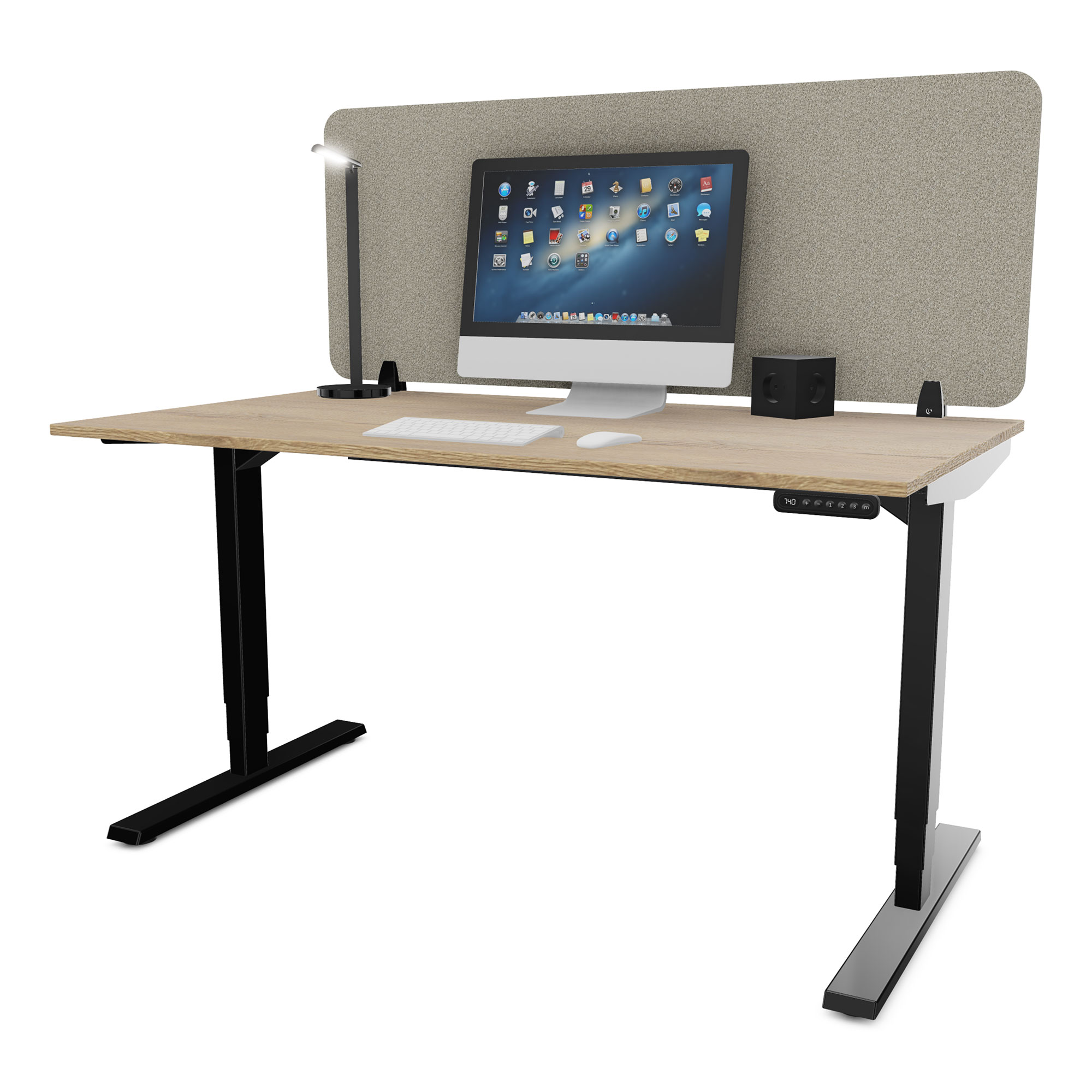 Elektrisch höhenverstellbarer Schreibtisch mit schwarzem Gestell, Holzplatte und Sichtschutz für ergonomisches Arbeiten