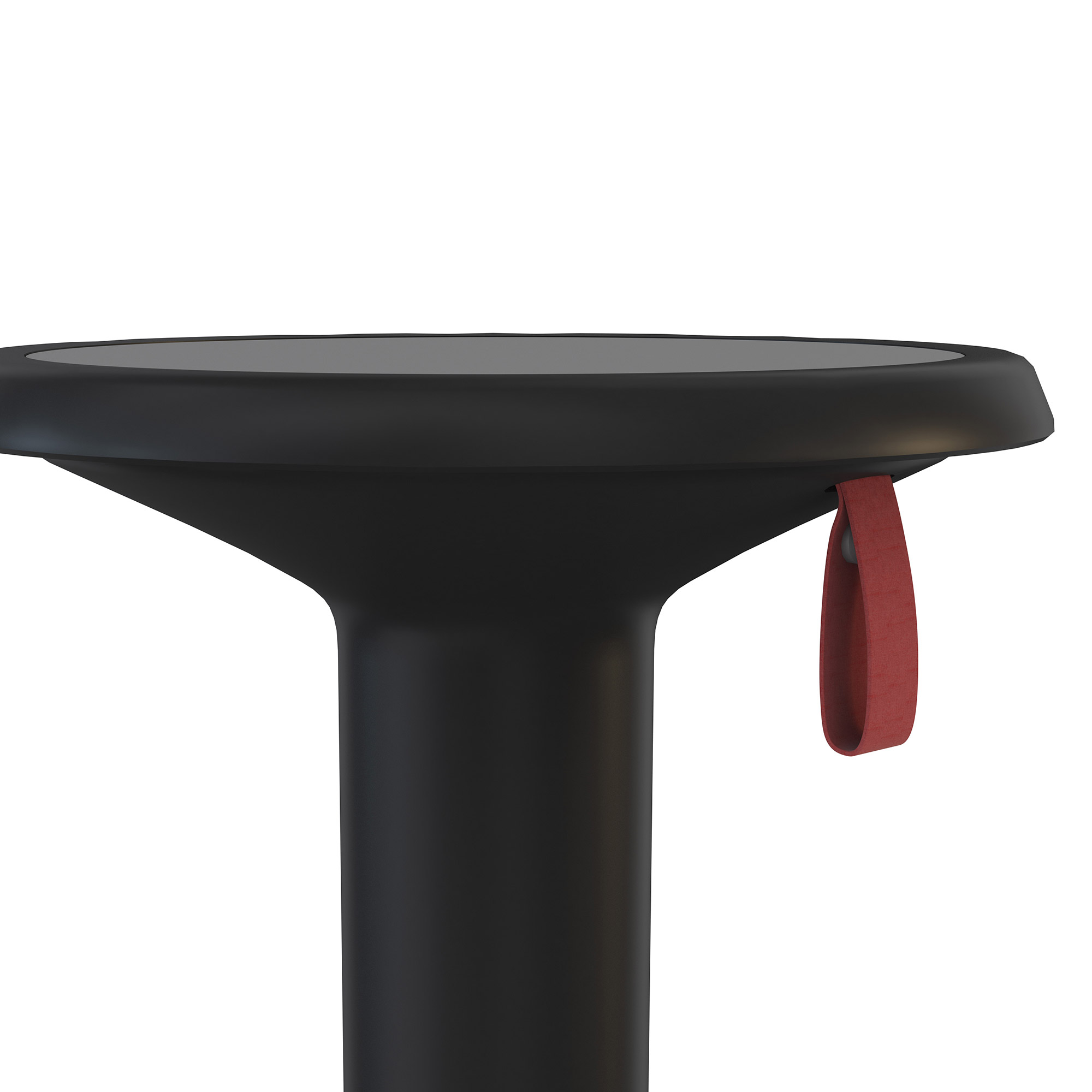 Schwarzer Stehhocker mit ergonomischem Sitz und roter Trageschlaufe an der Seite