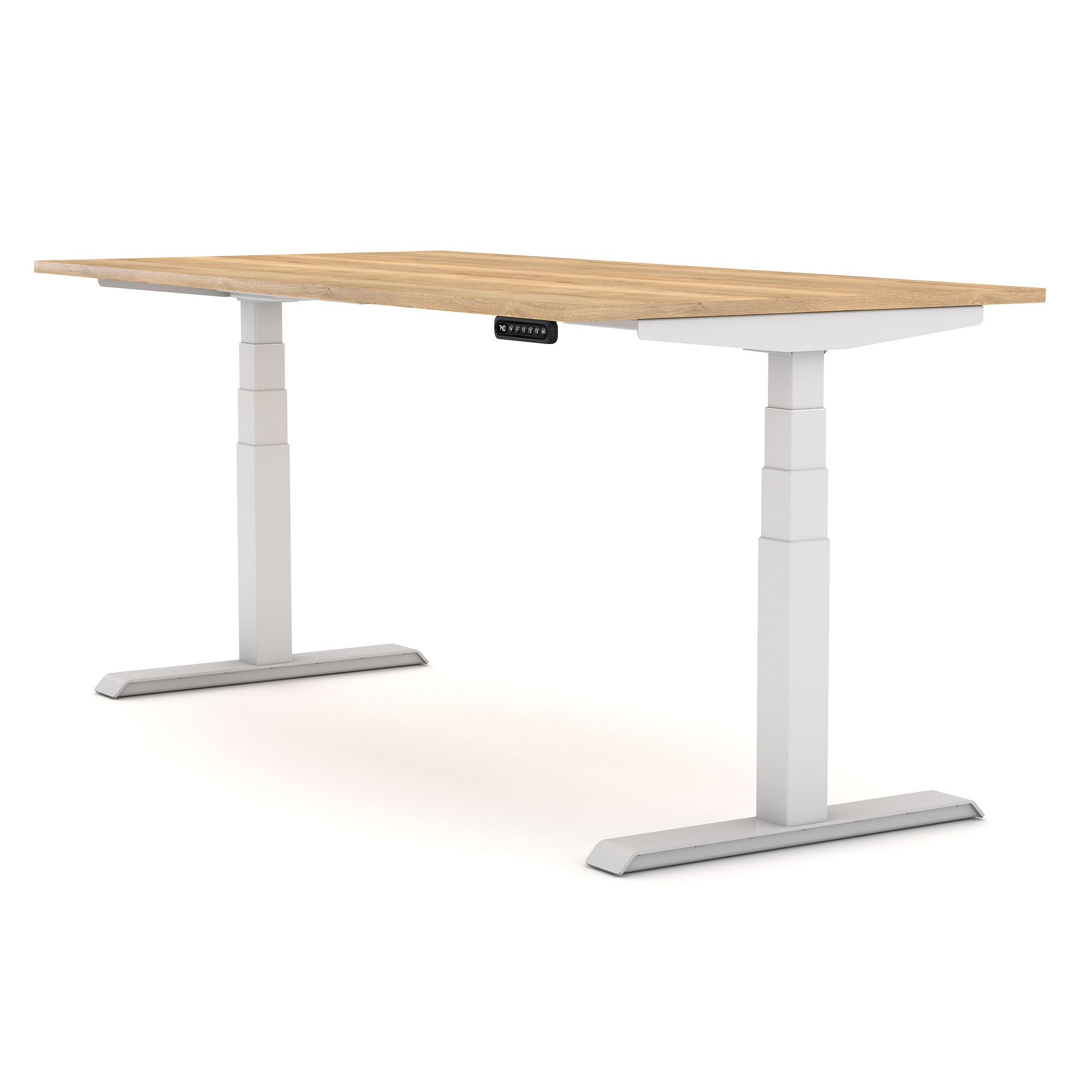 Ein höhenverstellbarer Schreibtisch mit Holzoberfläche und weißen Metallbeinen.