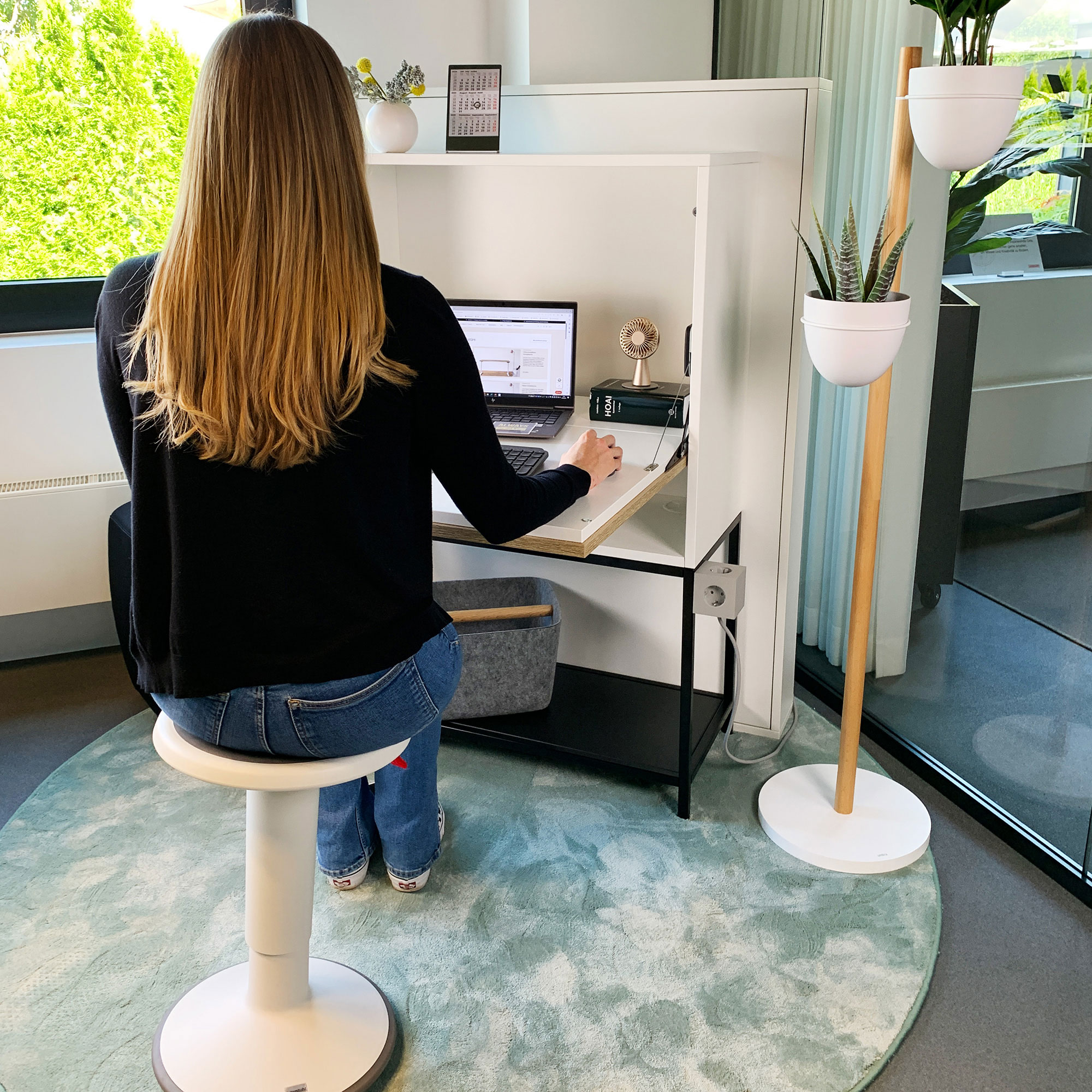 Frau arbeitet an einem Laptop an einem modernen Schreibtisch mit Trennwand und Pflanzen im Büro.