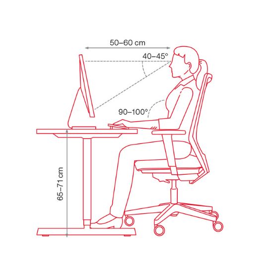 Ein Diagramm, das eine sitzende Person vor einem Computer zeigt, mit Maßangaben für Abstand, Sichtwinkel und Tischhöhe.