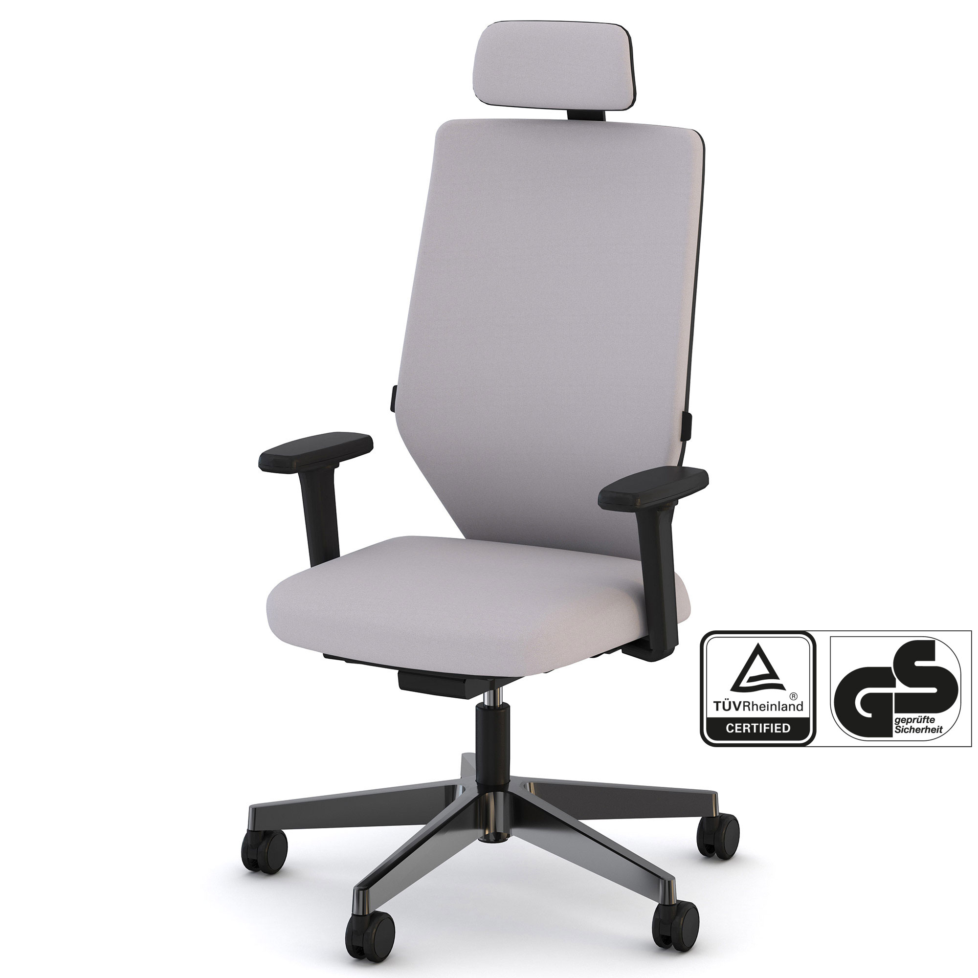 Ergonomischer Bürostuhl mit grauem Bezug, verstellbaren Armlehnen und Kopfstütze, TÜV-geprüft