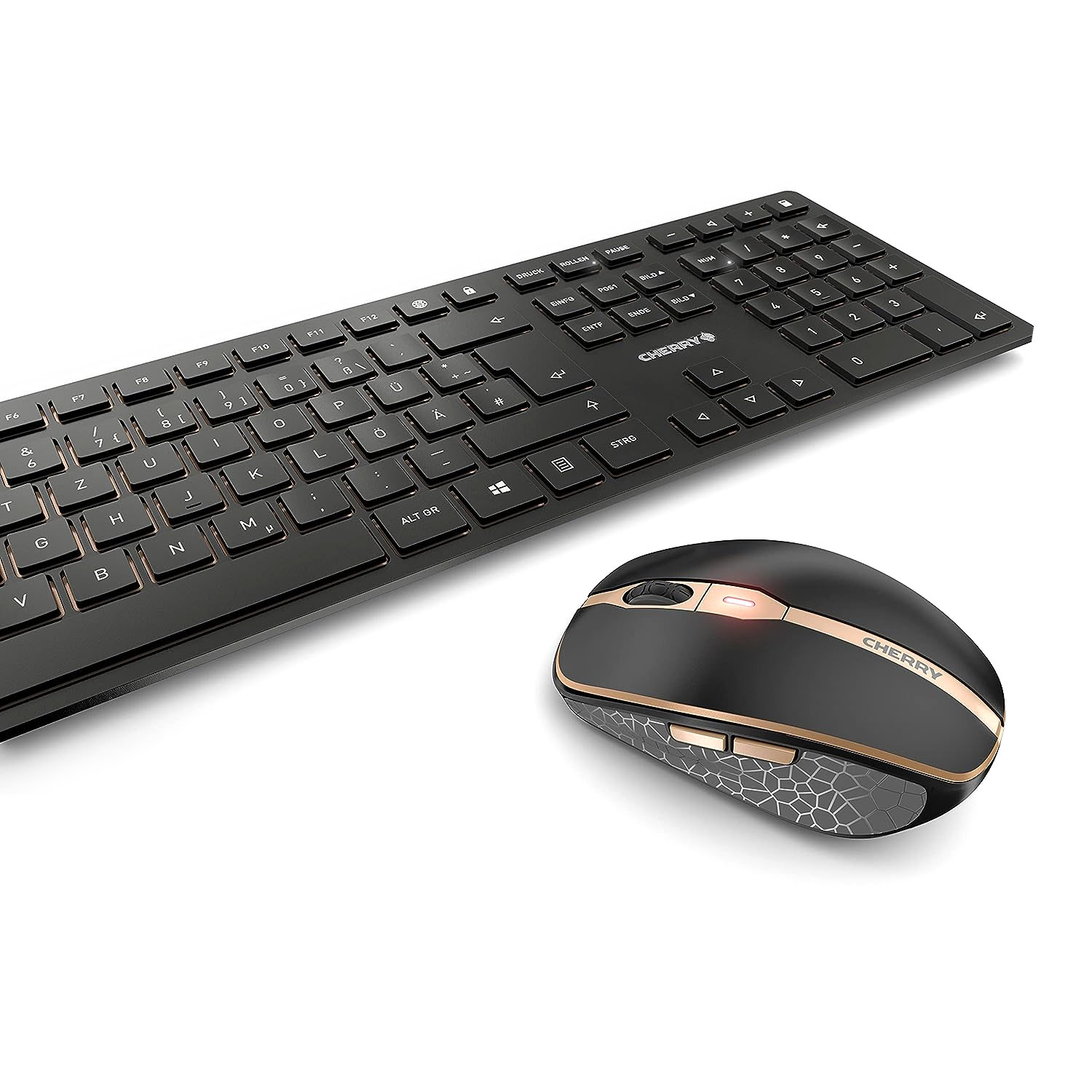 Schwarze Cherry Tastatur und kabellose Maus mit kupferfarbenen Akzenten.