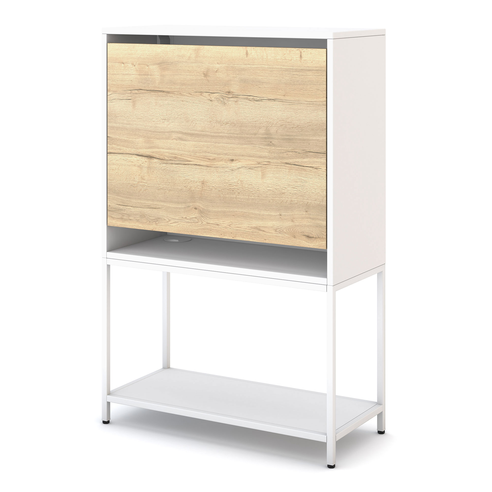 Schrank mit weißem Korpus und hellem Holzdekor auf der Front in modernem Design.