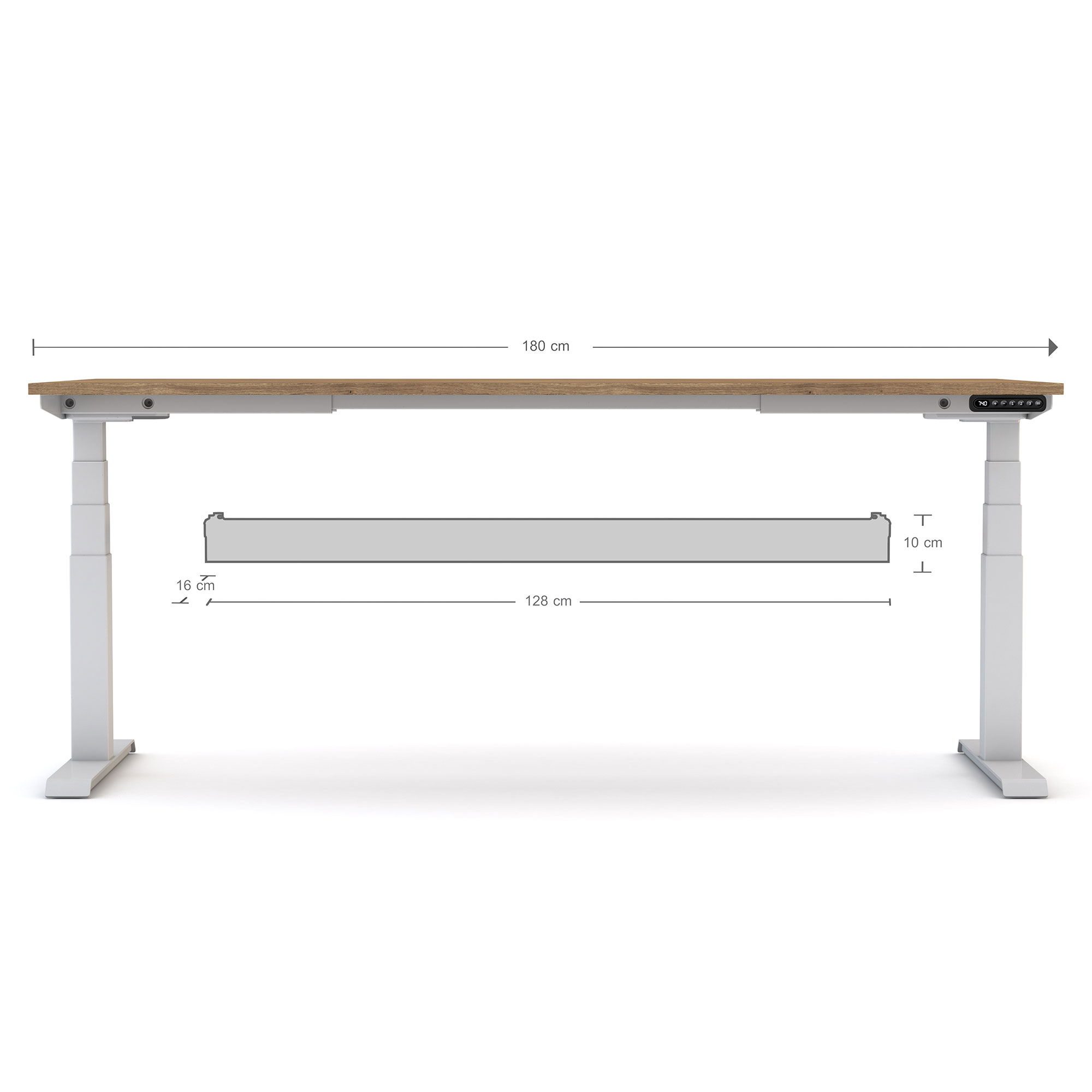 Ein höhenverstellbarer Schreibtisch mit einer Tischplatte von 180 cm und weißen Metallbeinen. Maße: 128 cm Breite, 10 cm Höhe der Unterkonstruktion, 16 cm Platz unter der Platte.