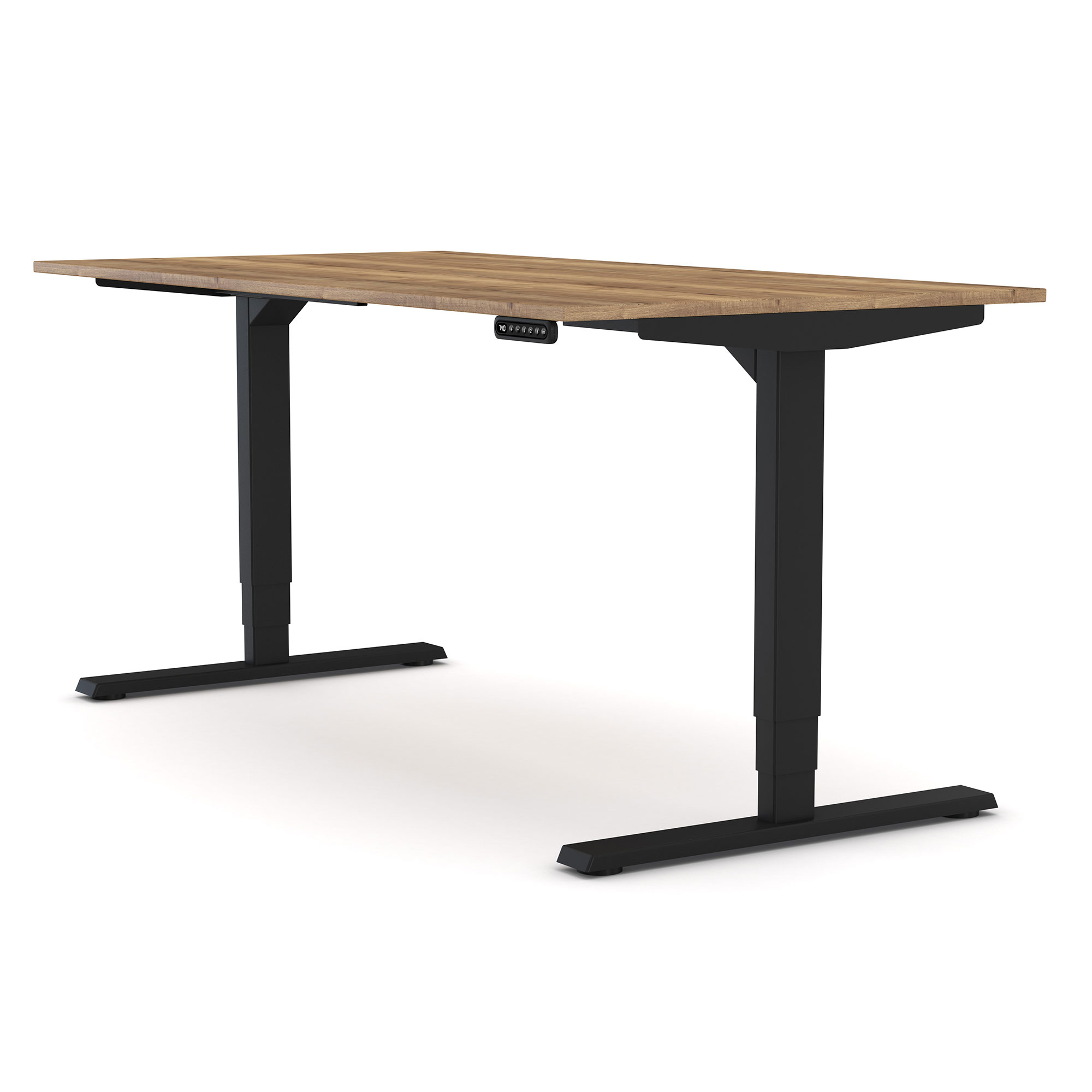 Höhenverstellbarer Schreibtisch mit Eichenplatte und schwarzem Metallgestell.