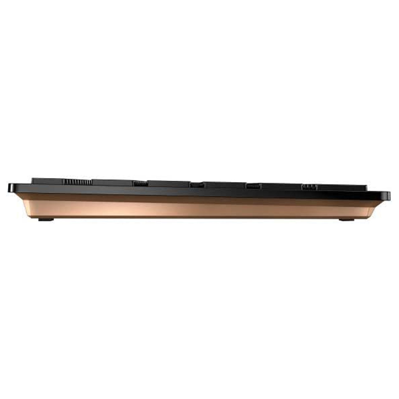 Flache Tastatur mit flachem, goldenem Gehäuseprofil in Seitenansicht, minimalistisches Design.
