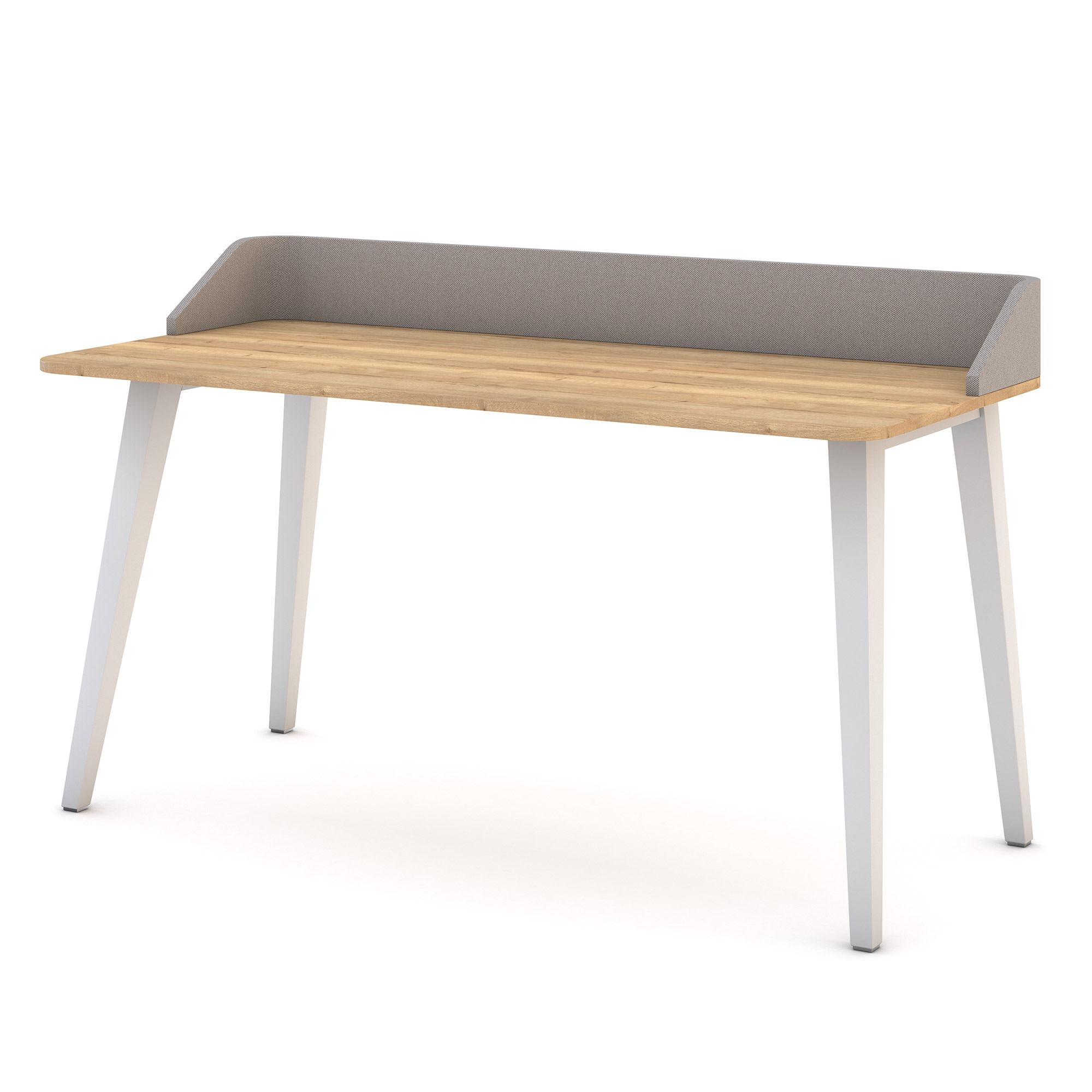 Ein moderner Schreibtisch mit einer Holzplatte und weißen Beinen, versehen mit einer grauen Rückwand.