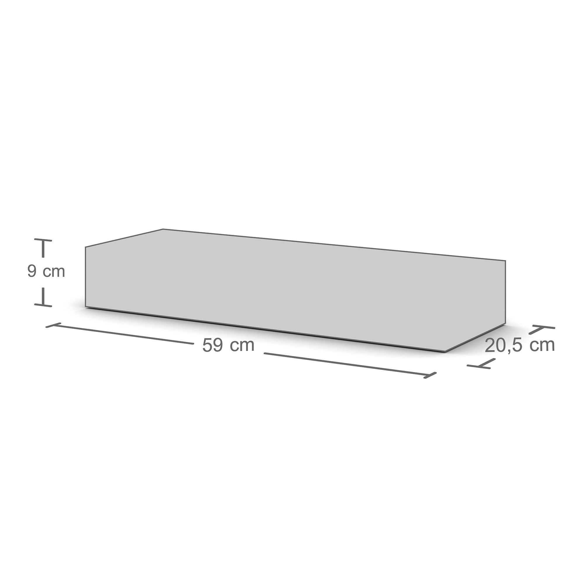 Skizze eines rechteckigen Objekts mit 59 cm Breite, 20,5 cm Tiefe und 9 cm Höhe