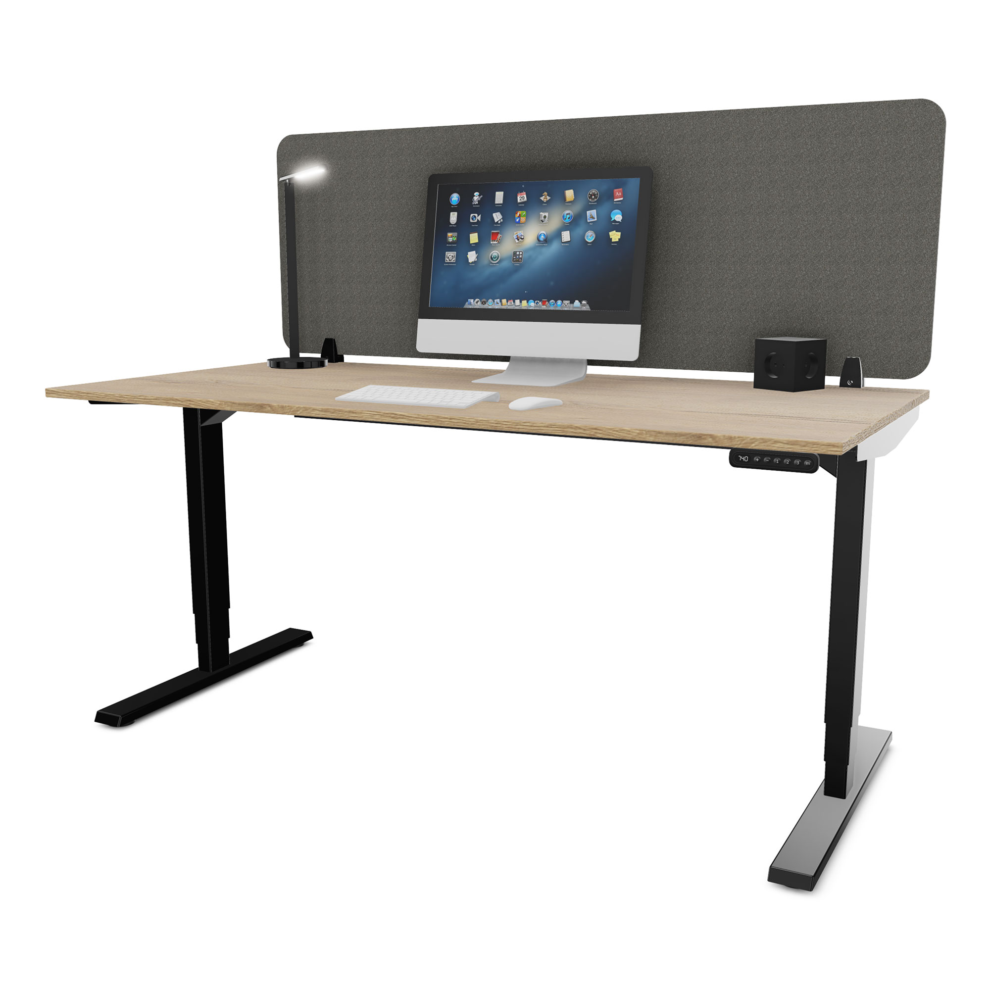 Elektrisch höhenverstellbarer Schreibtisch mit schwarzem Gestell, Holzplatte und Sichtschutz für ergonomisches Arbeiten