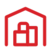 Rotes Lager-Symbol mit stilisierten Kisten in einem Gebäudeumriss auf schwarzem Hintergrund