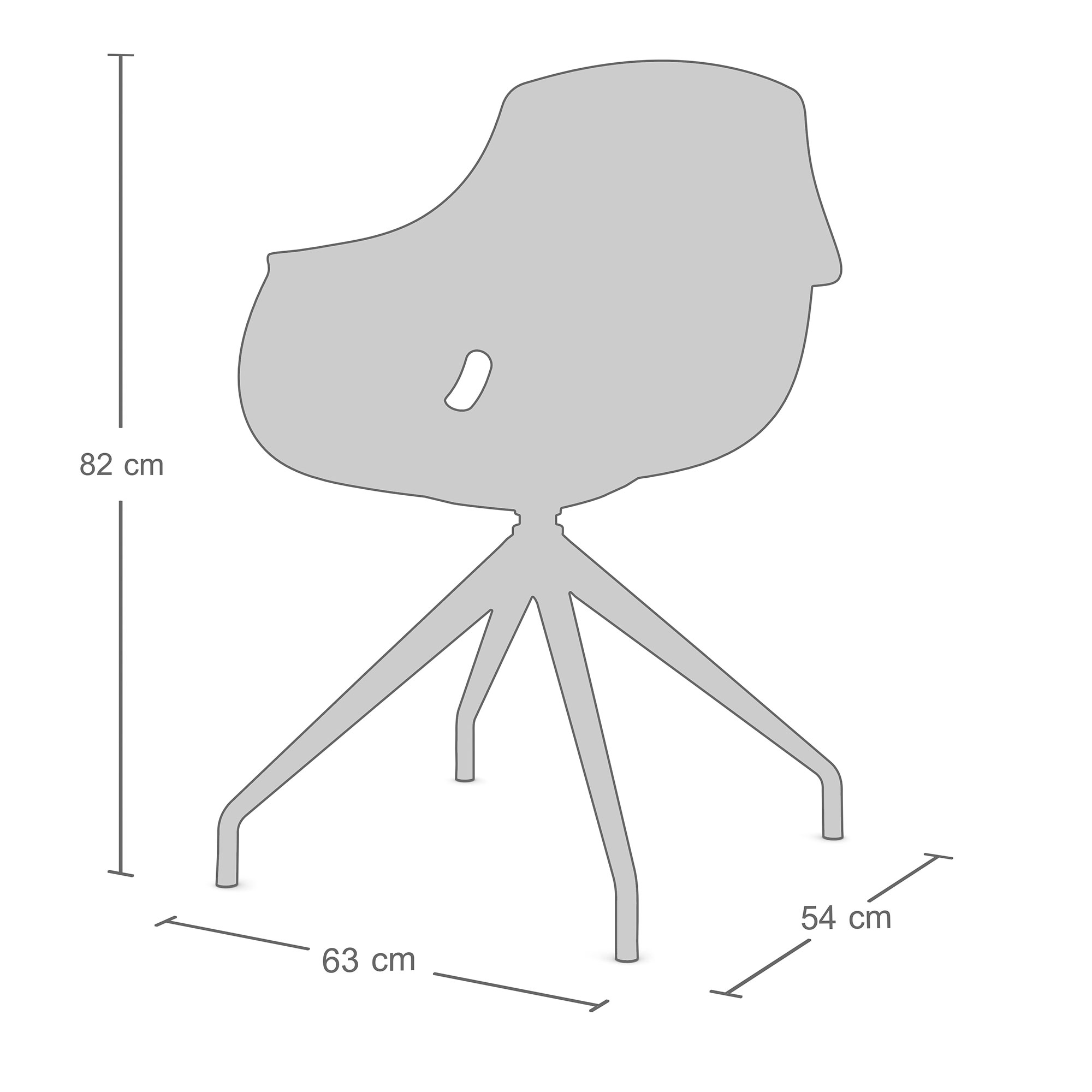 Maßgrafik eines Bürostuhls, 82 cm hoch, 63 cm tief, 54 cm breit
