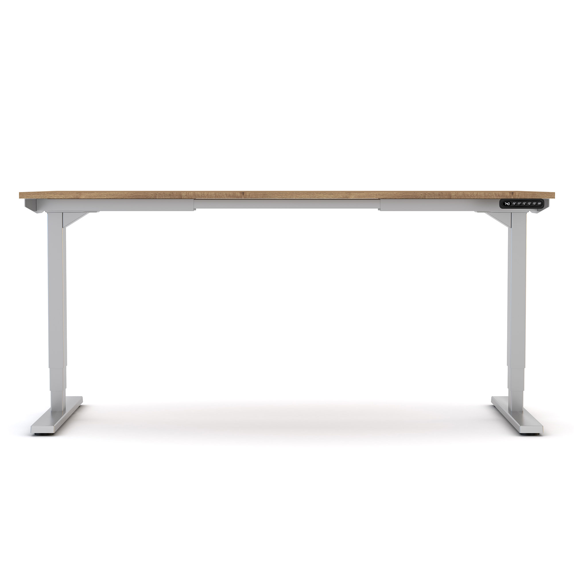 Höhenverstellbarer Schreibtisch mit naturfarbener Holzplatte und weißem Gestell von vorne.