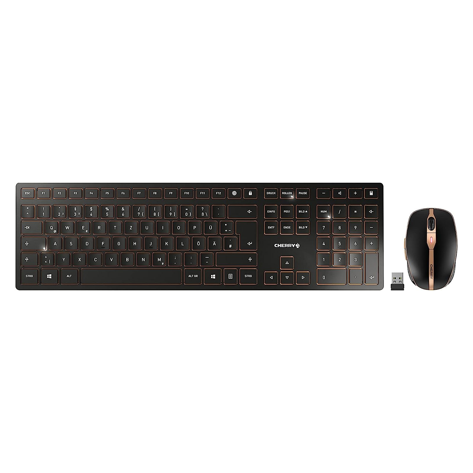 Eine kabellose Tastatur und Maus von Cherry, schwarz mit kupferfarbenen Akzenten.