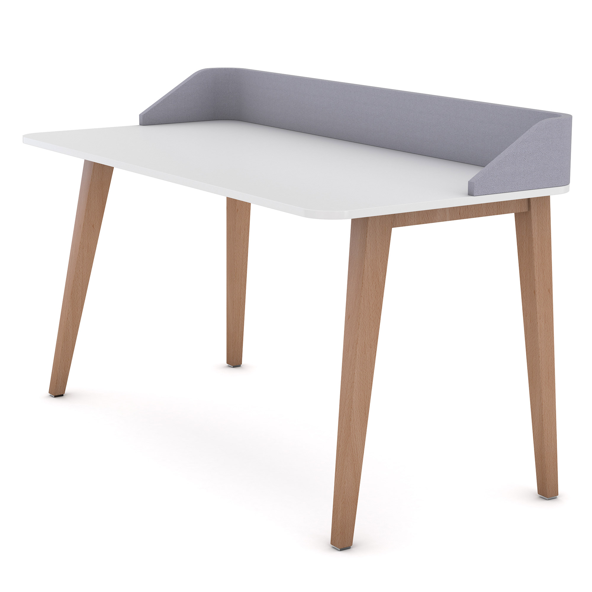Schreibtisch mit weißer Platte, Holzbeinen und grauem Sichtschutzaufsatz in modernem Design