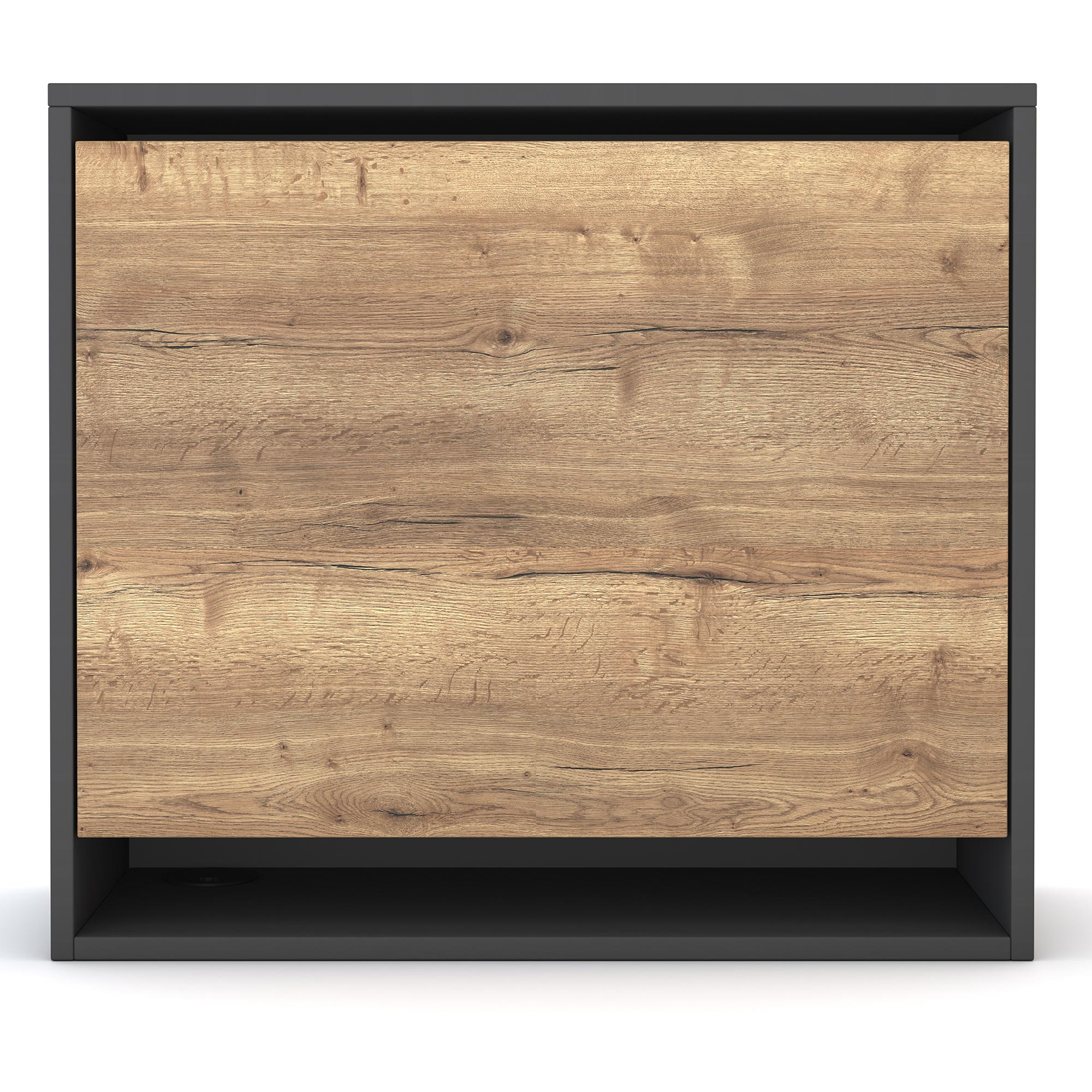Schrank mit schwarzem Rahmen und einer Front aus hellem Holz mit sichtbarer Maserung