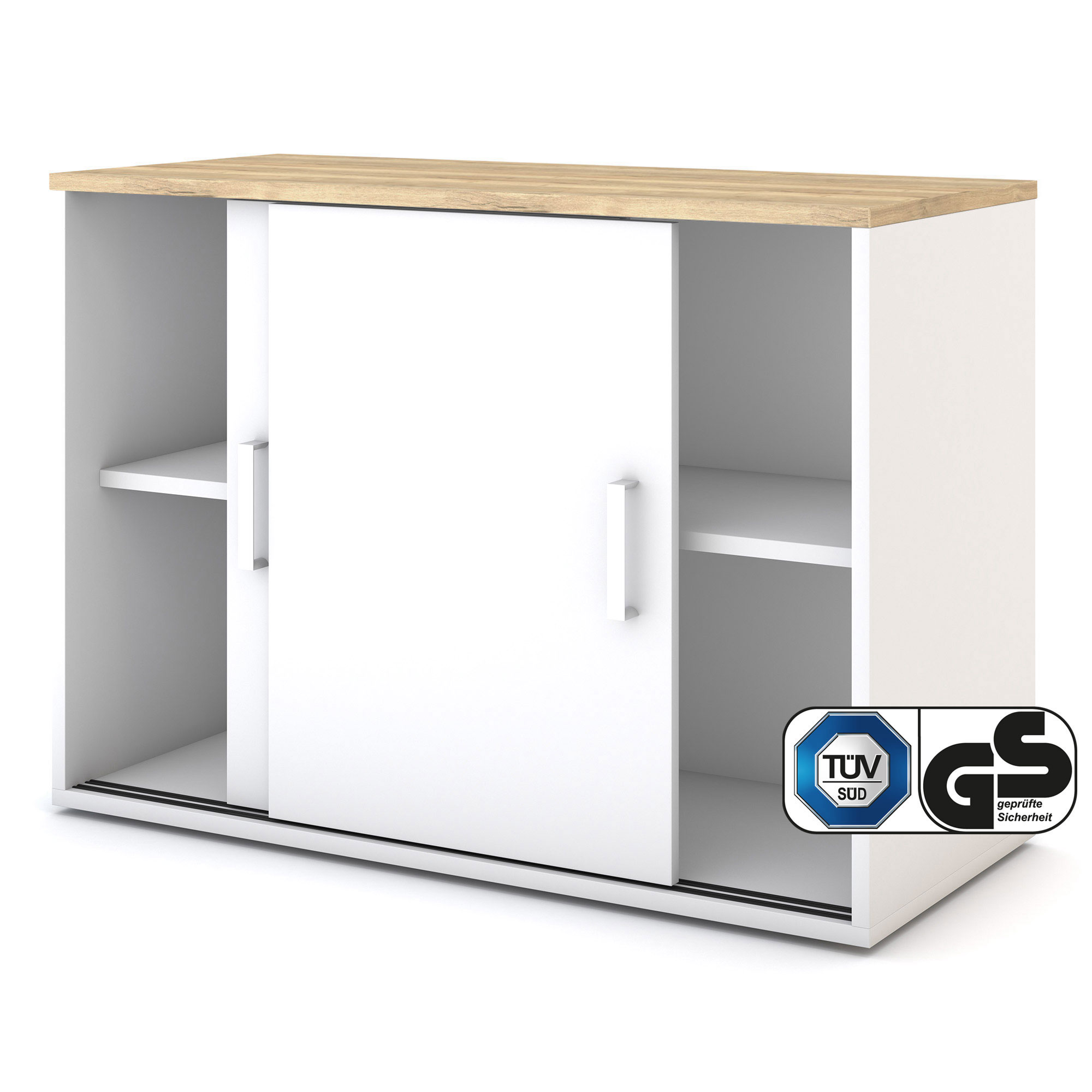 Weißer Aktenschrank mit Schiebetüren, Holzplatte und TÜV/GS-Siegel.