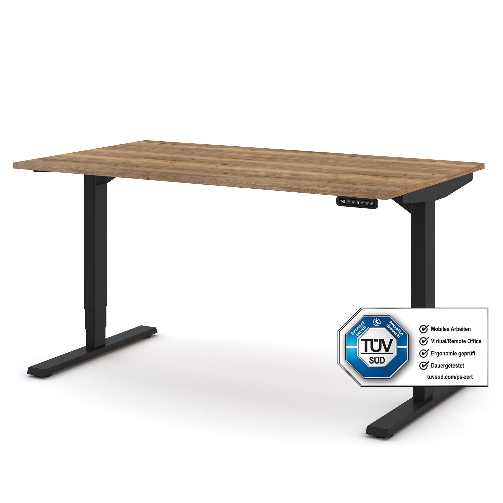 Ein höhenverstellbarer Schreibtisch mit Holzoberfläche und schwarzem Gestell. Er trägt ein TÜV-Siegel für ergonomische Qualität.