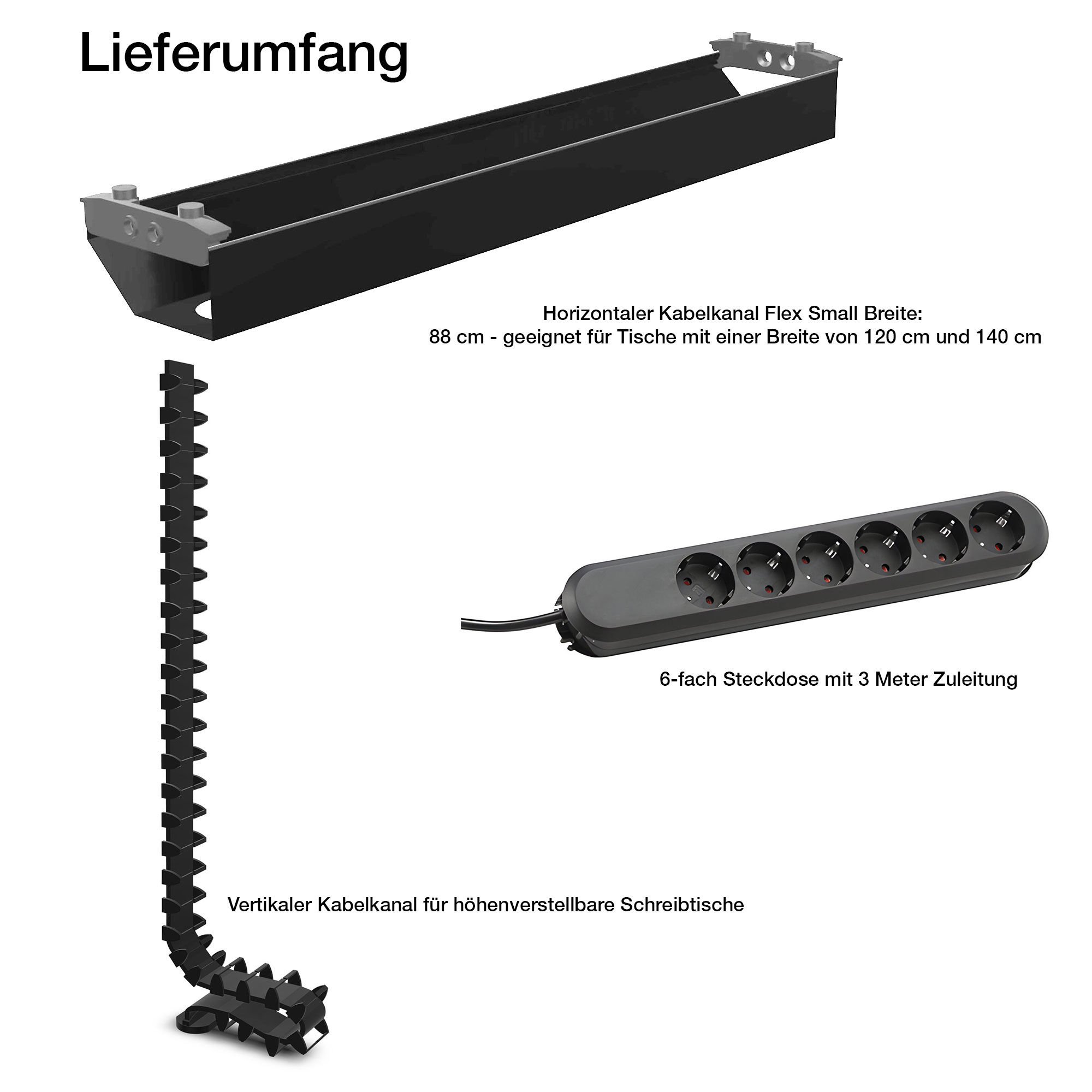 Horizontaler Kabelkanal Flex-small + Vertikale Kabelführung + 6-fach Steckdose