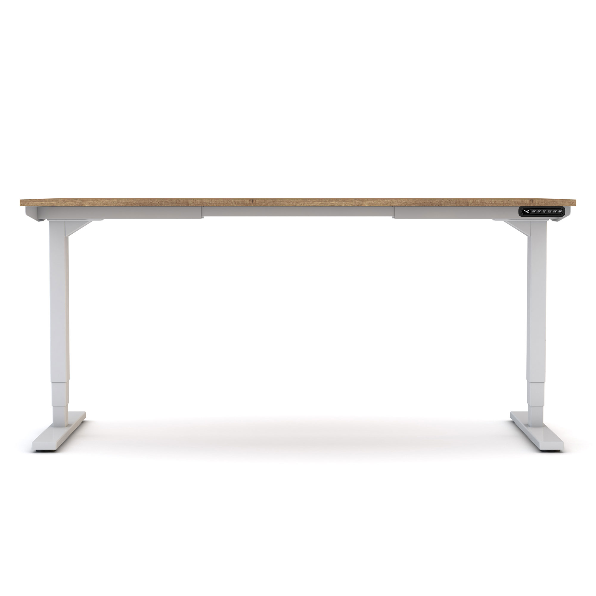 Ein höhenverstellbarer Schreibtisch mit einer Holzplatte und weißen Beinen.