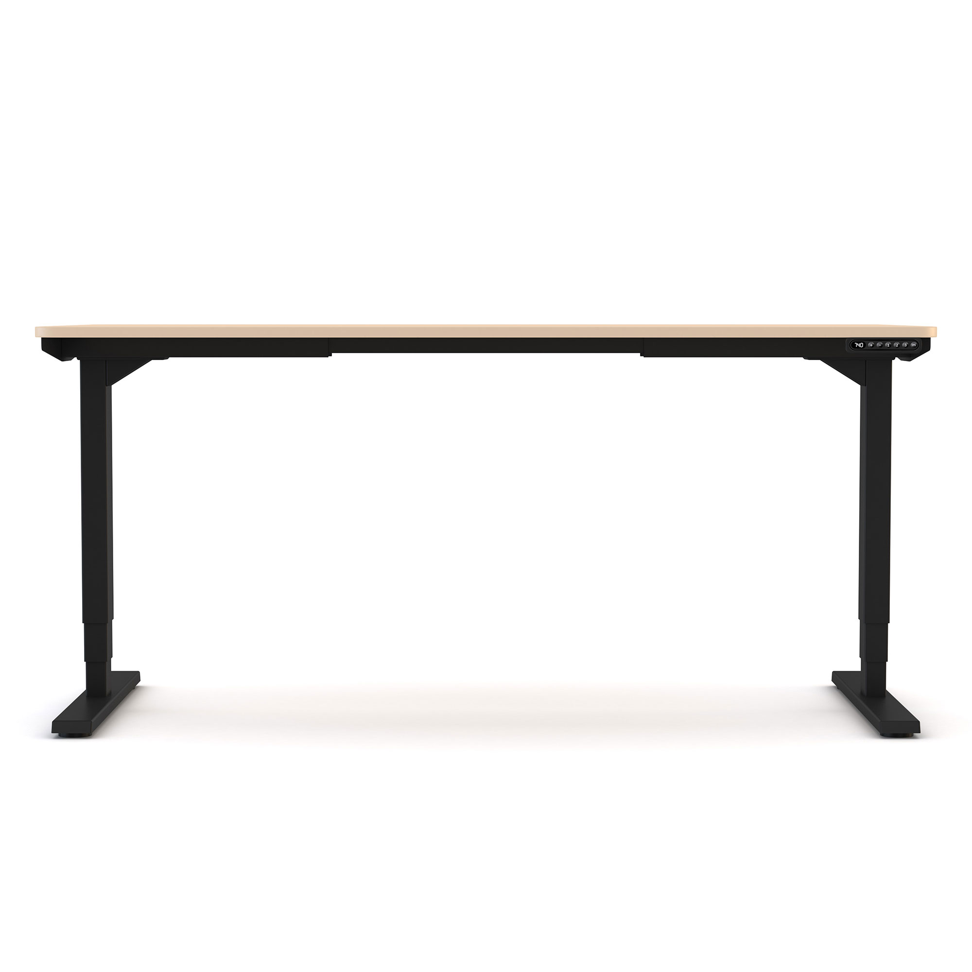 Schreibtisch mit hellem Holzdekor und schwarzem Gestell in der Frontansicht.