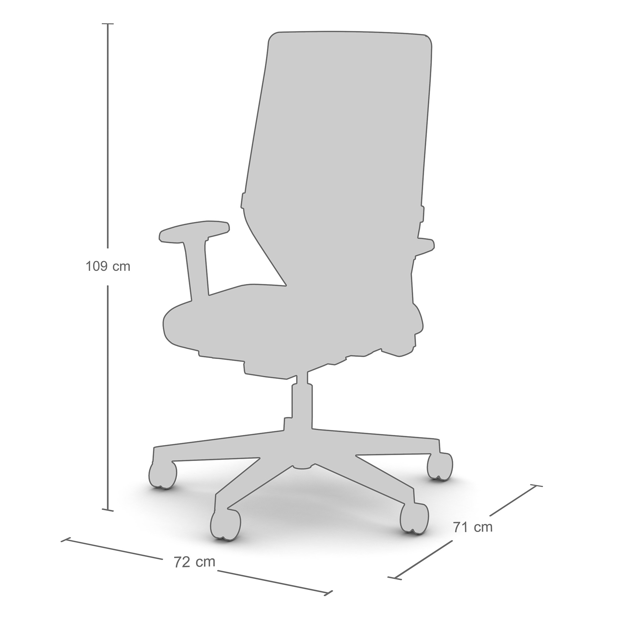 Die Abbildung zeigt einen Bürostuhl mit den Abmessungen: Höhe 109 cm, Breite 72 cm, Tiefe 71 cm.