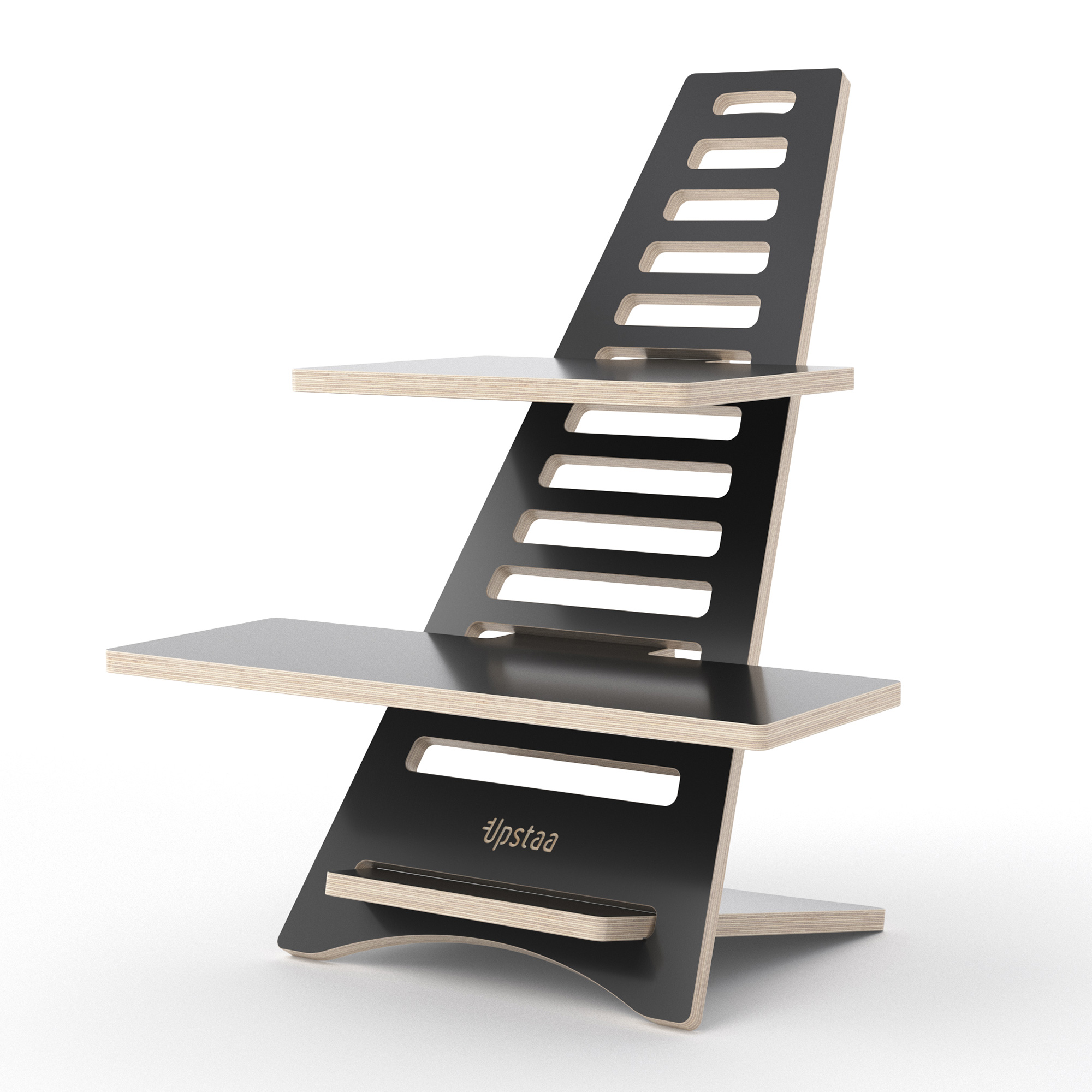 Höhenverstellbarer Schreibtischaufsatz aus Holz in Schwarz von Upstaa – ergonomisches Stehpult mit zwei Ablageflächen für Monitor und Tastatur