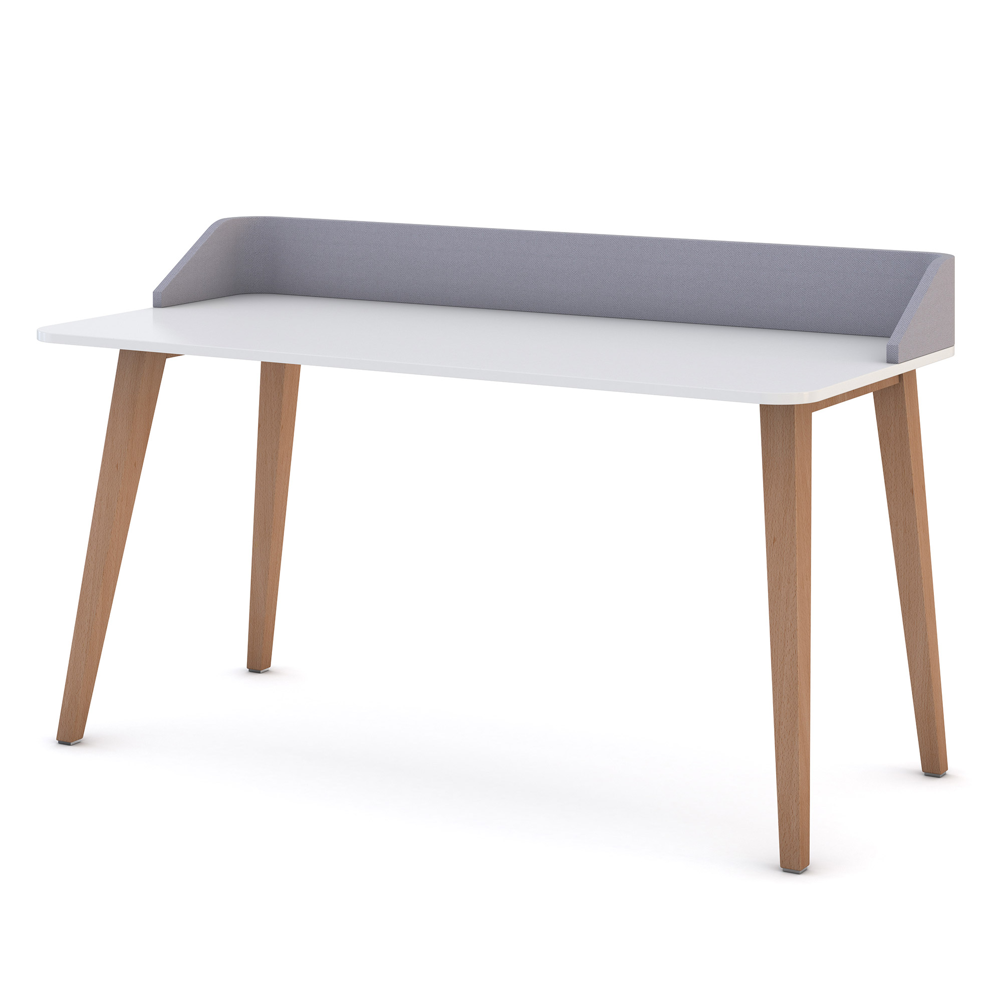 Schlichter Schreibtisch mit weißer Tischplatte, Holzbeinen und grauem Sichtschutzaufsatz.