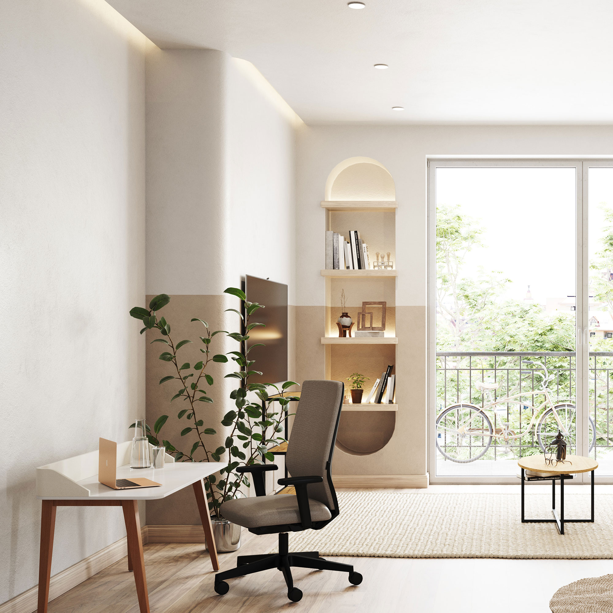 Moderner Arbeitsbereich mit Schreibtisch, ergonomischem Bürostuhl und Regalwand vor großen Fenstern.