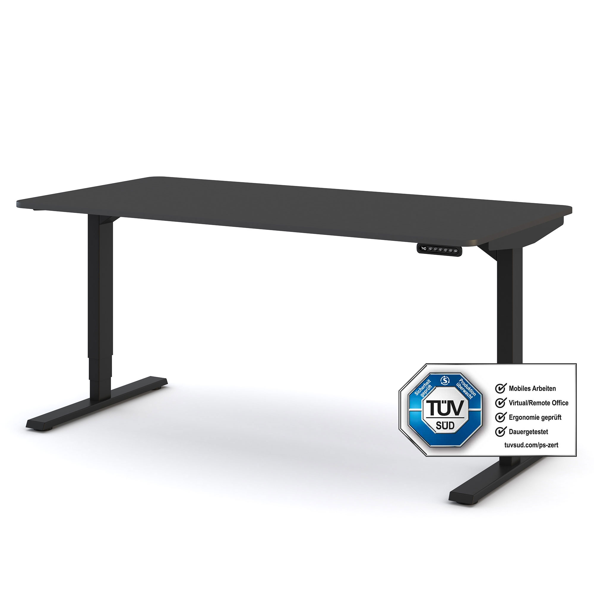 Schwarzer höhenverstellbarer Schreibtisch mit TÜV-Siegel für ergonomisches Arbeiten